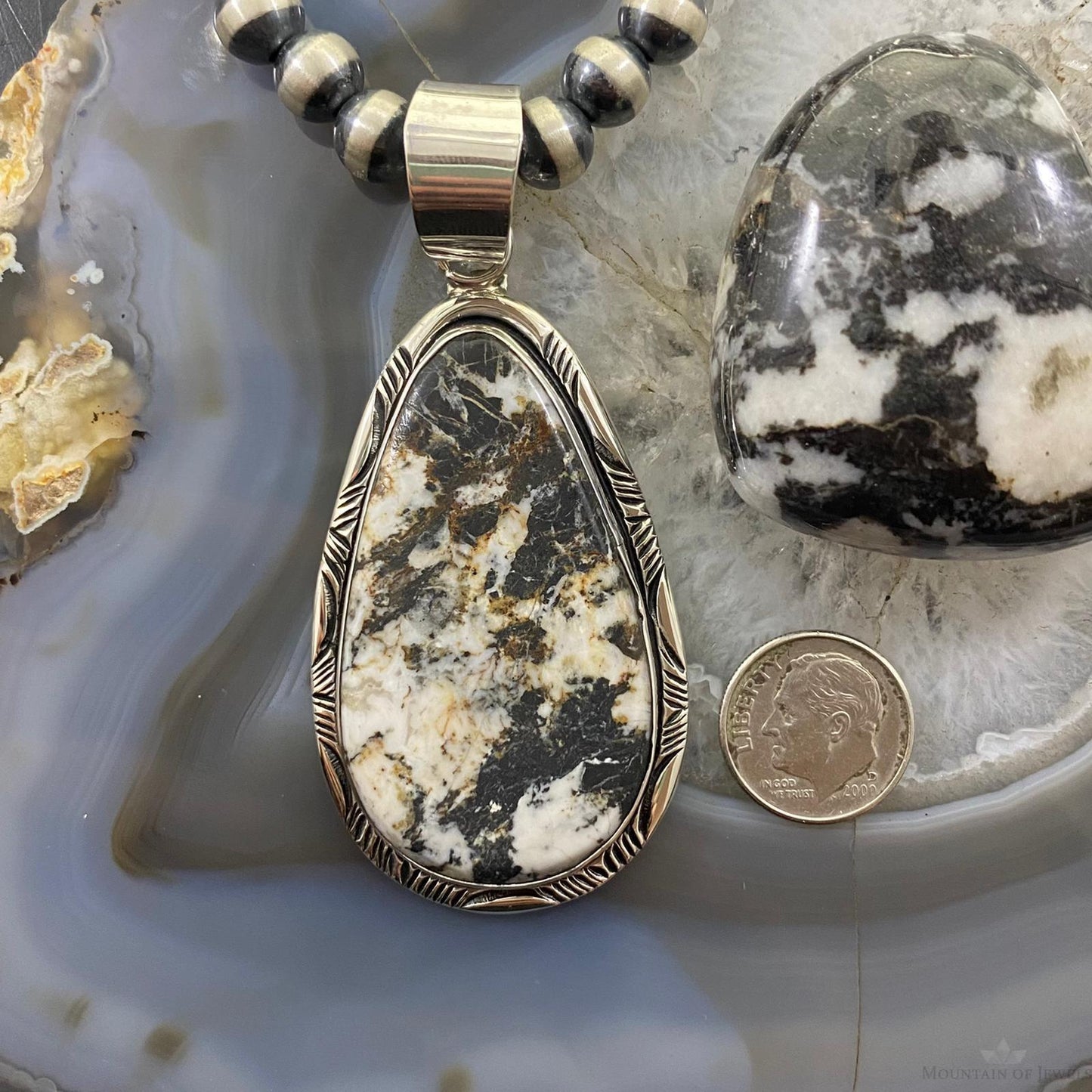 Native American Teardrop White Buffalo Sterling Silver Unisex Pendant