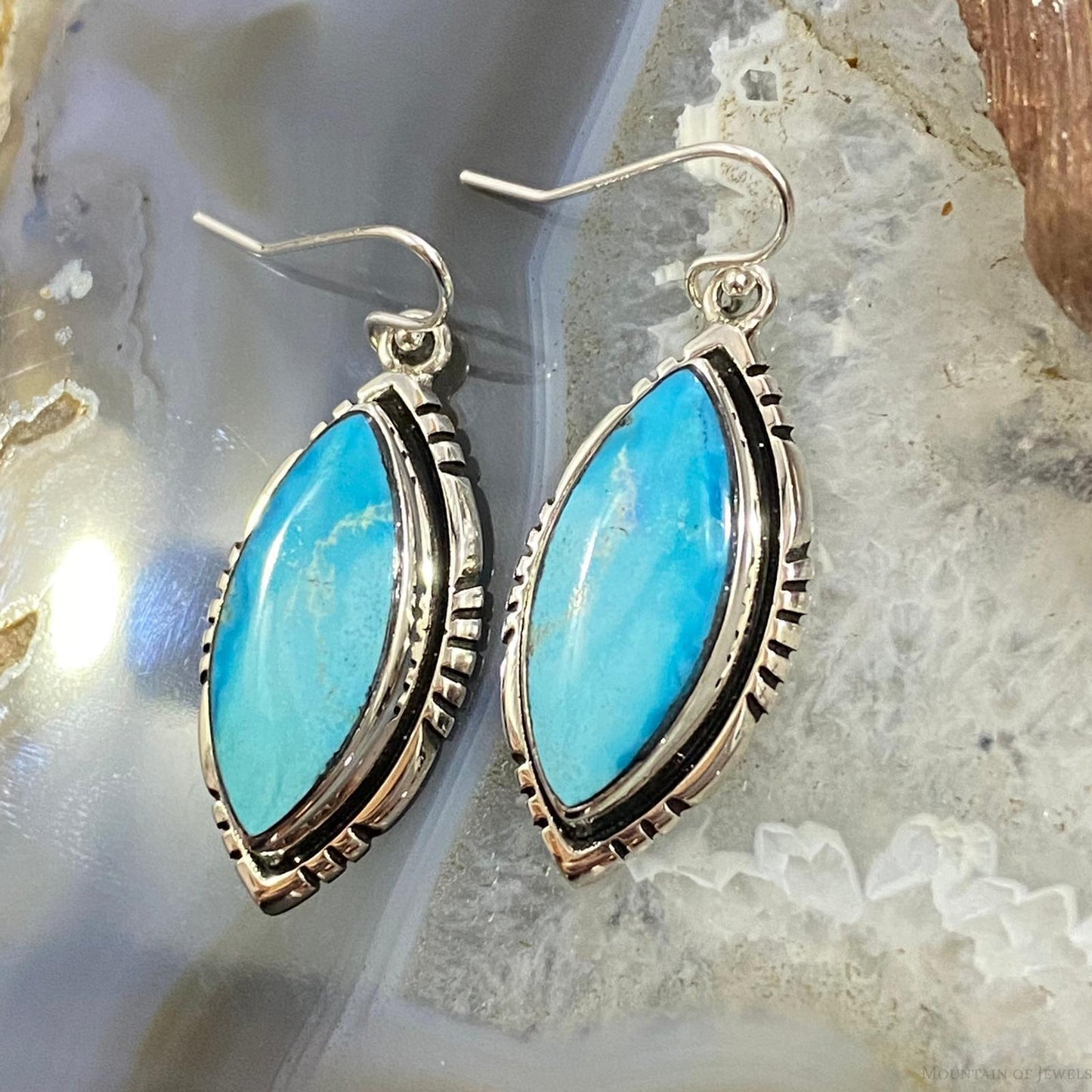Native American Sterling Silver Marquise Blue Ridge Turquoise Dangle Earrings For Women #1