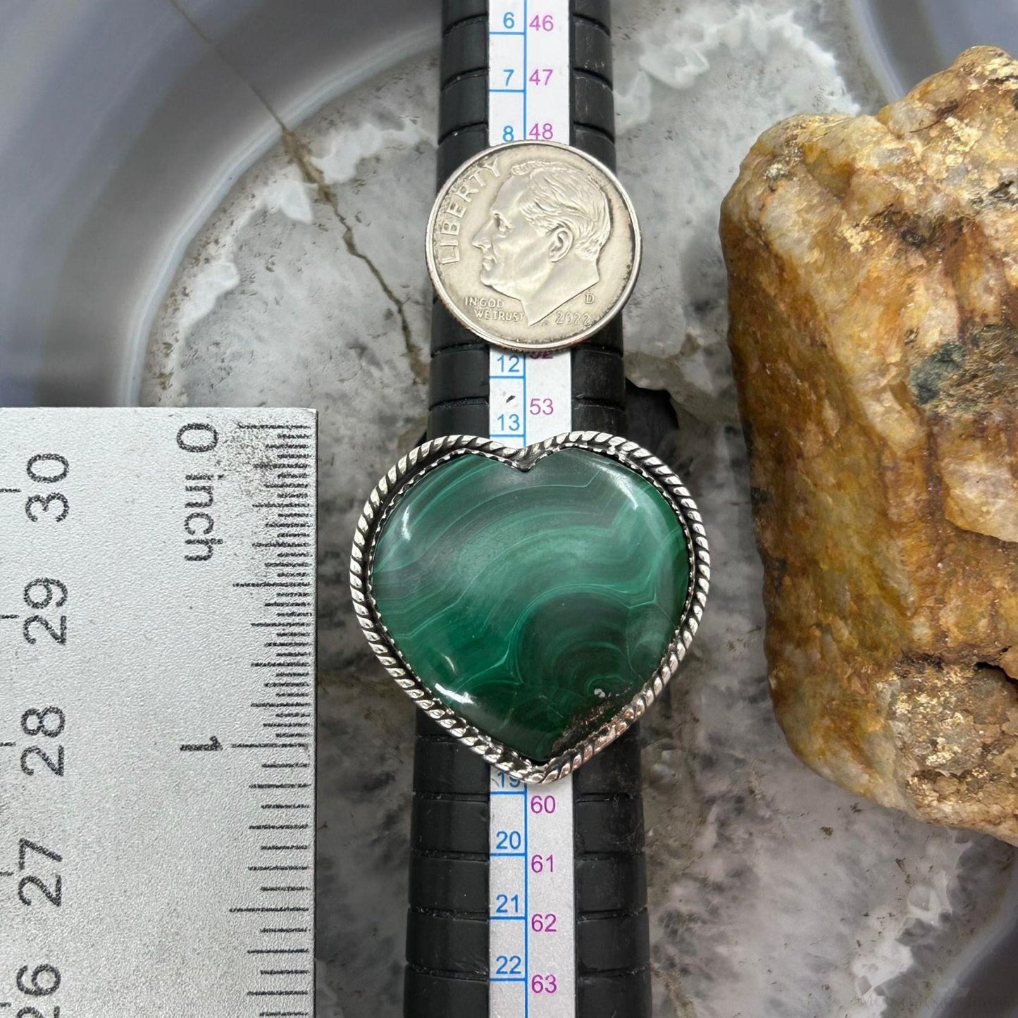Sterling Silver Southwestern Style Malachite Heart Shape Ring Size 8 For Women
