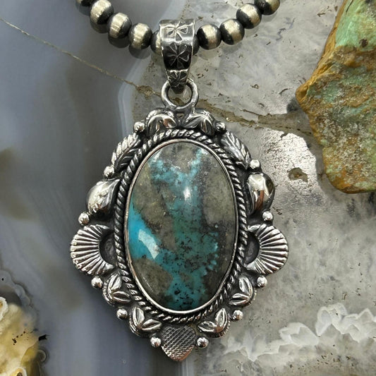 Sterling Silver Southwestern Style Oval Turquoise Decorated Pendant For Women #4