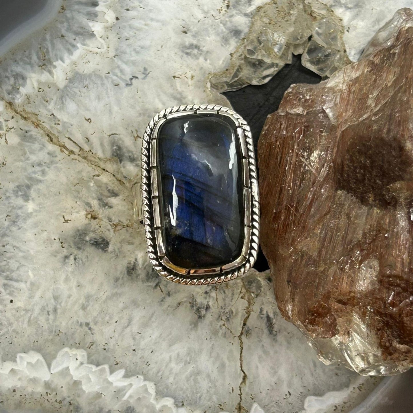 Sterling Silver Southwestern Style Rectangle Labradorite Ring Size 8 For Women