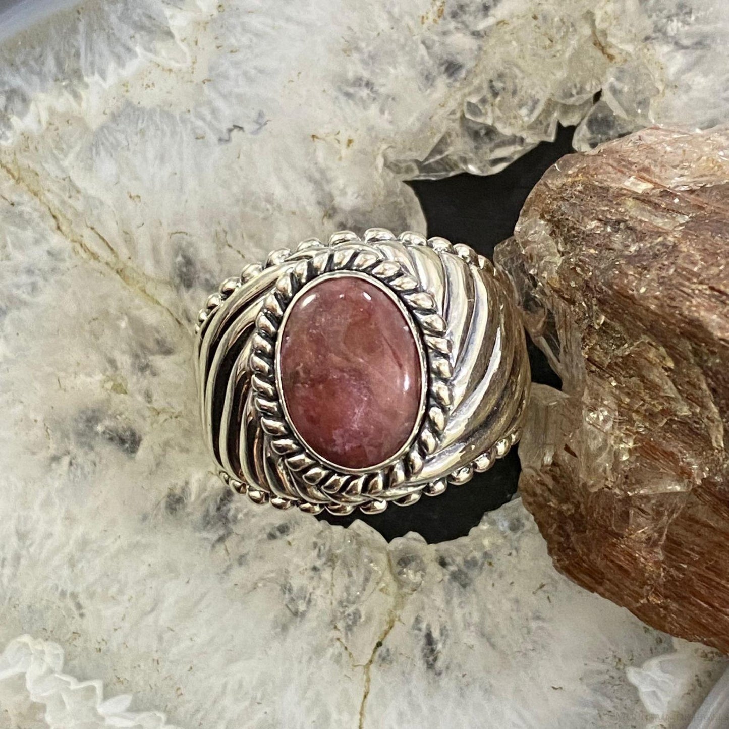 Carolyn Pollack Southwestern Style Sterling Silver Oval Rhodonite Decorated Unisex Ring Sizes 8 &12 For Women