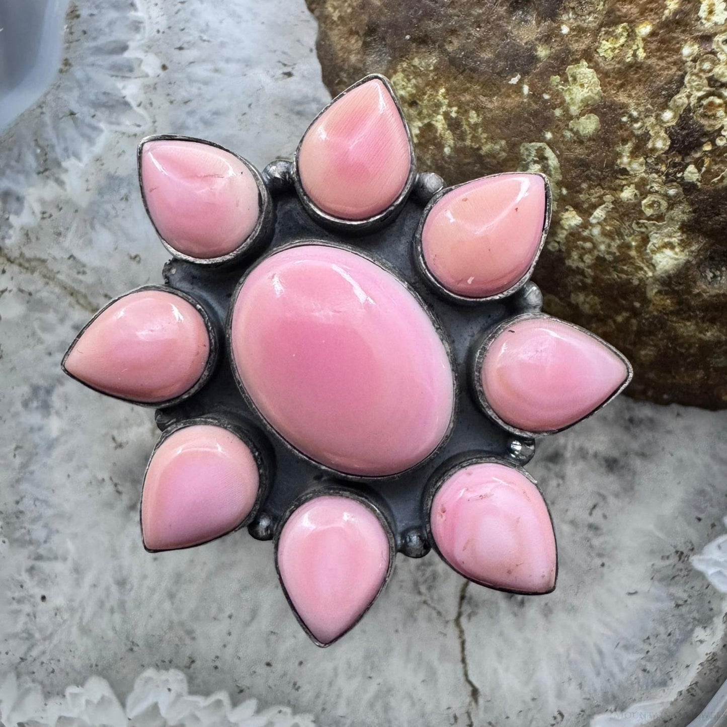 Native American Sterling Silver Pink Conch Adjustable Cluster Ring For Women