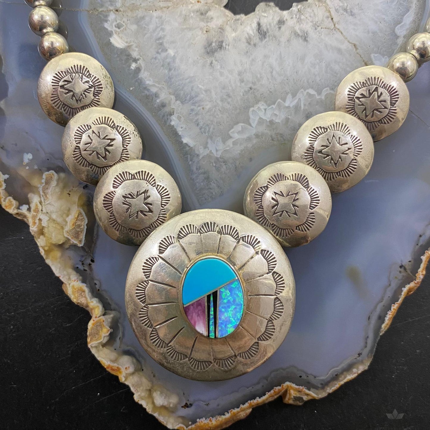 Vintage Native American Sterling Silver Double Side Stone Necklace For Women