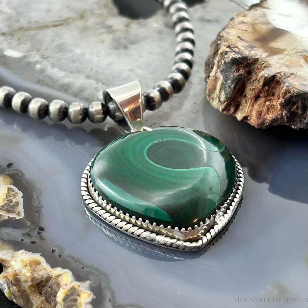 Sterling Silver Southwestern Style Malachite Heart Decorated Pendant For Women