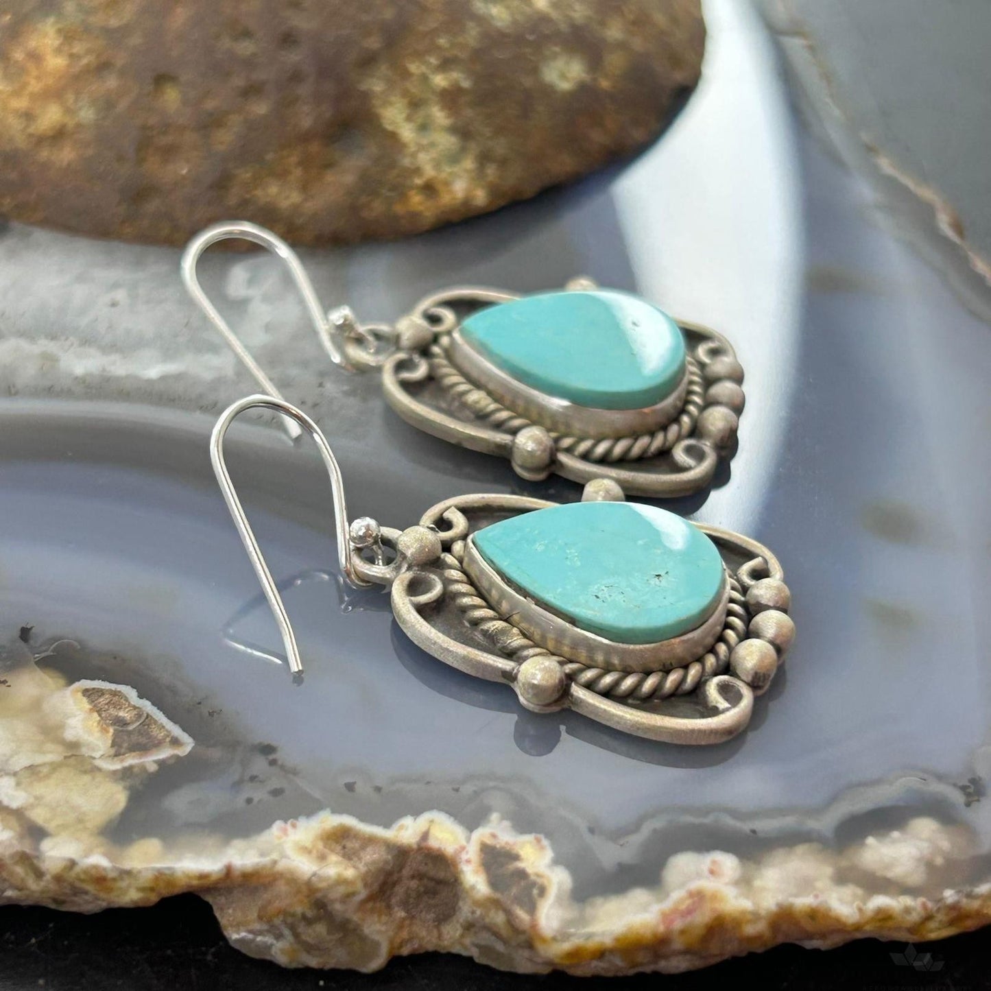 Sterling Silver Southwestern Style Turquoise Decorated Dangle Earrings For Women #4
