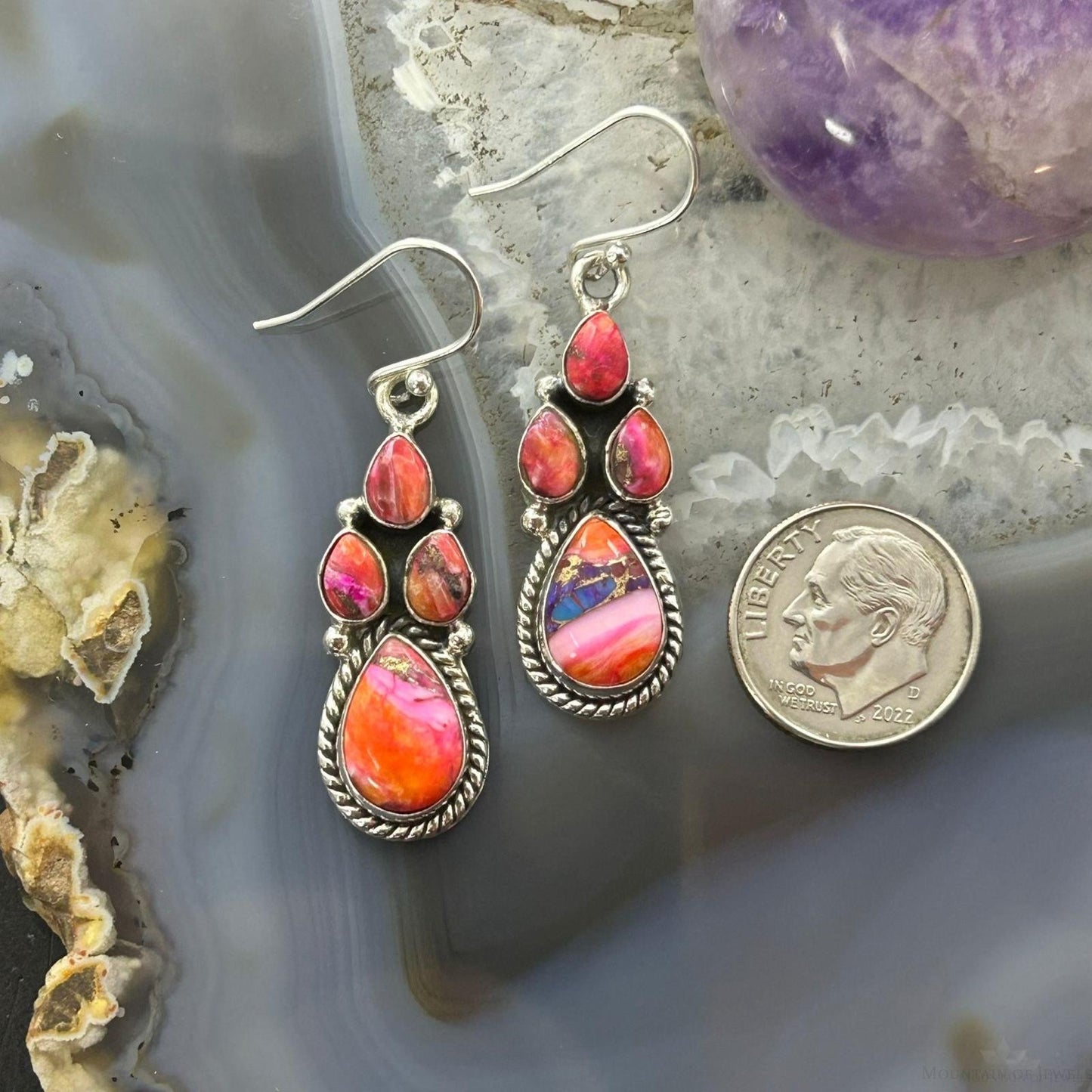 Sterling Silver Southwestern Style Multistone Dahlia Dangle Earrings For Women