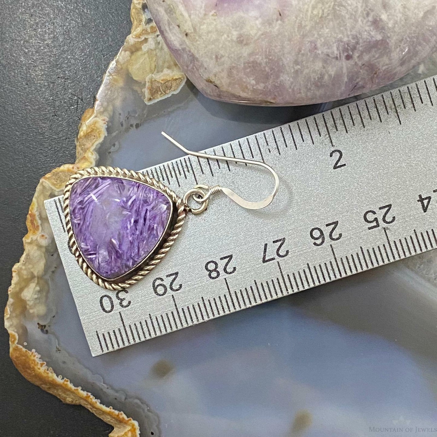 Native American Sterling Silver Triangle Charoite Dangle Earrings For Women