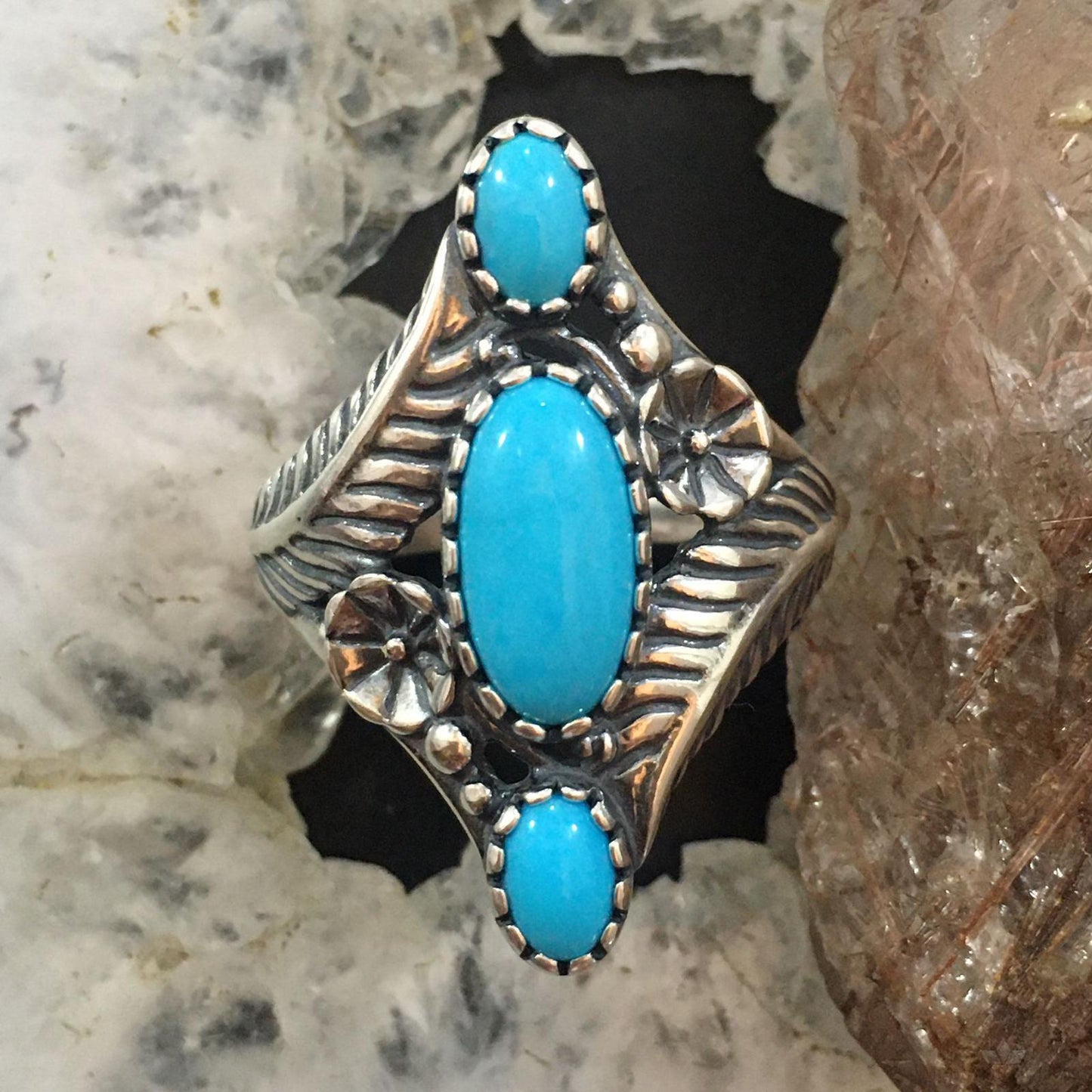 Carolyn Pollack Sterling Silver 3 Sleeping Beauty Turquoise Decorated Ring For Women