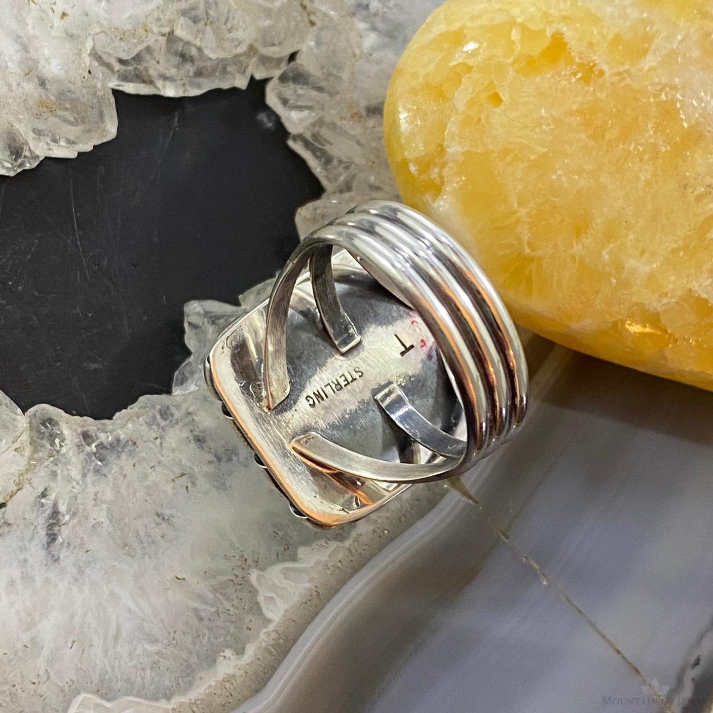 Native American Sterling Silver Larimar Rectangle Bar Ring Size 8.5 For Women