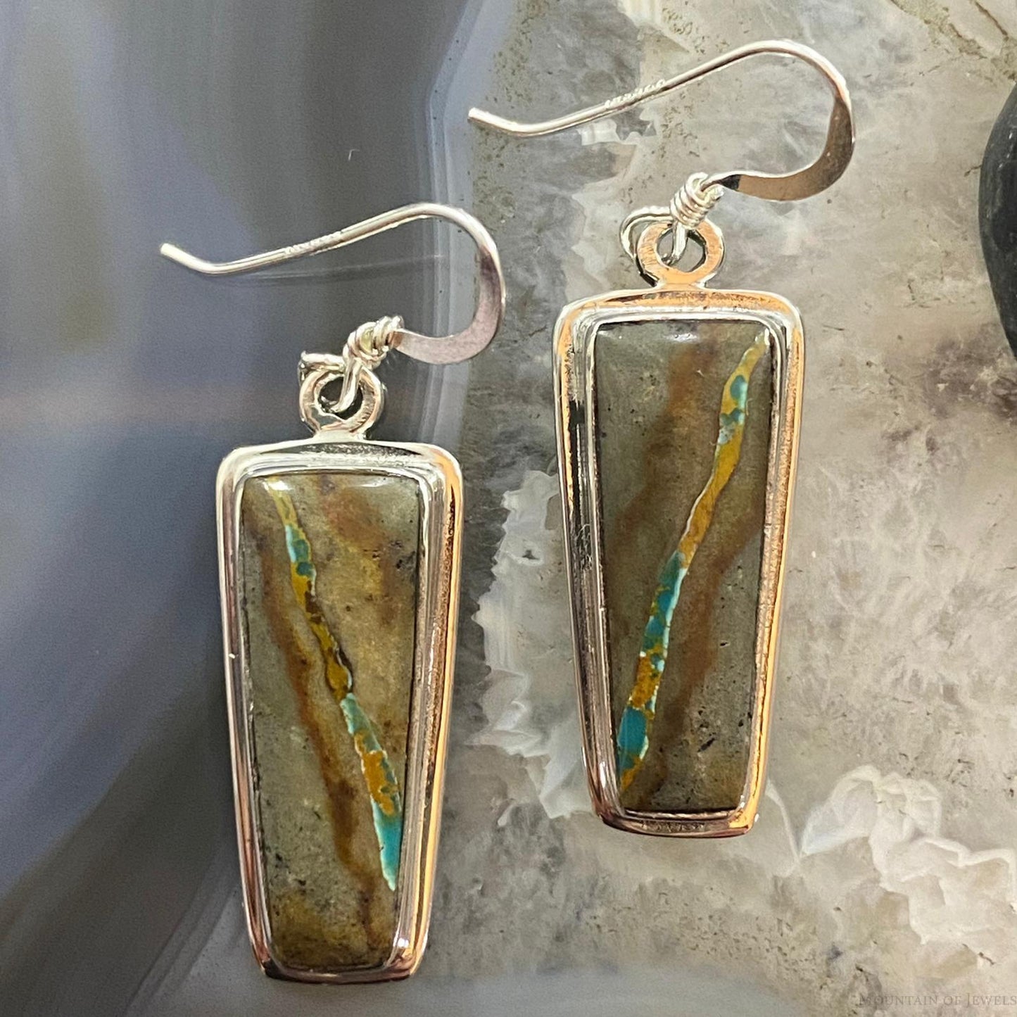 Native American Sterling Trapezoid Boulder Ribbon Turquoise Dangle Earrings #1