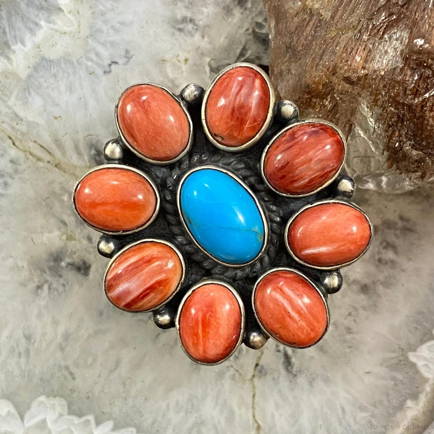 Native American Sterling Spiny Oyster & Turquoise Cluster Ring Size 8 For Women