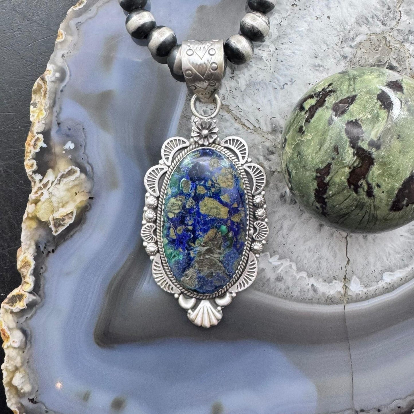 Sterling Silver Southwestern Style Elongated Oval Chrysocolla Decorated Pendant For Women