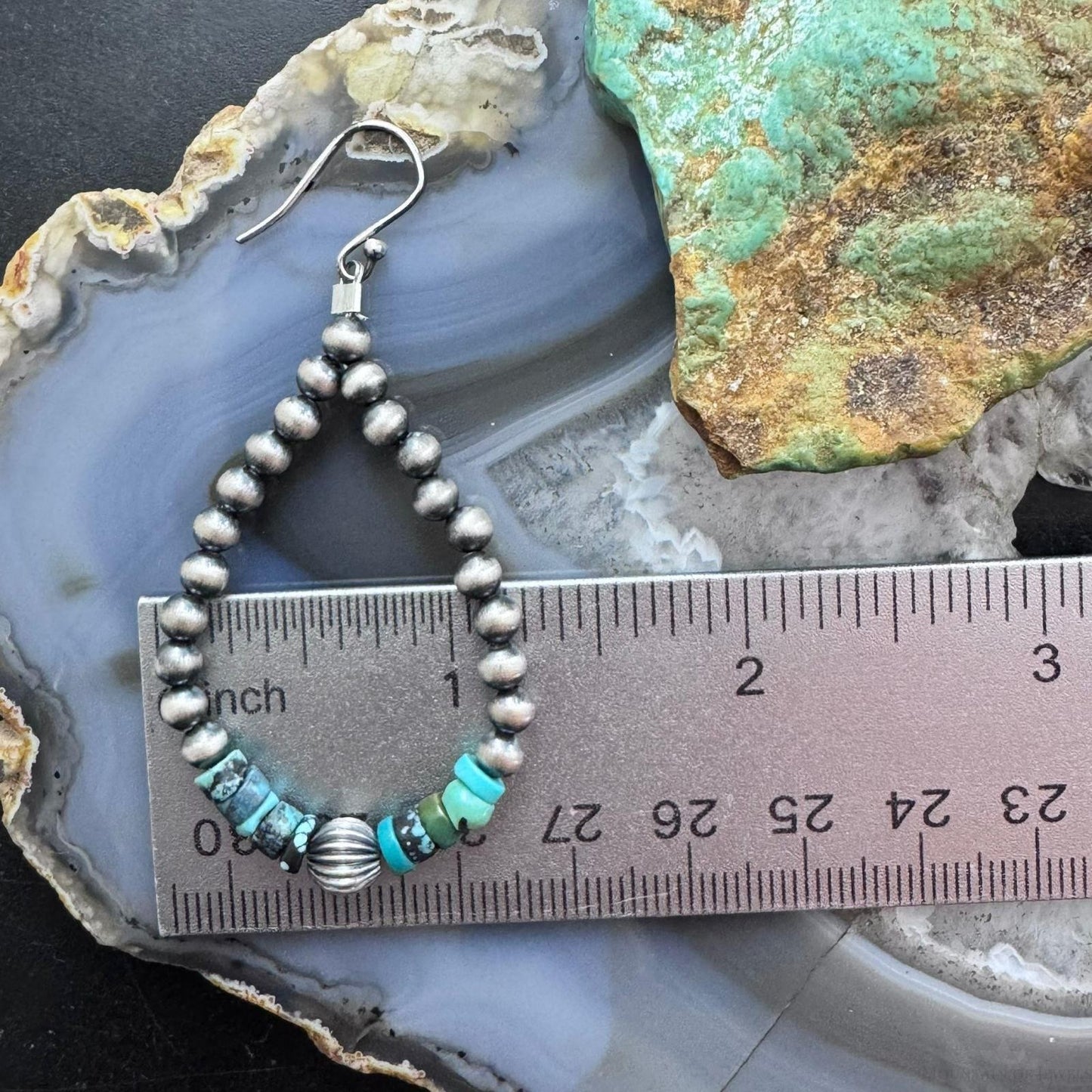 Sterling Silver Southwestern Style Navajo Pearl & Turquoise Bead Hoop Earrings For Women