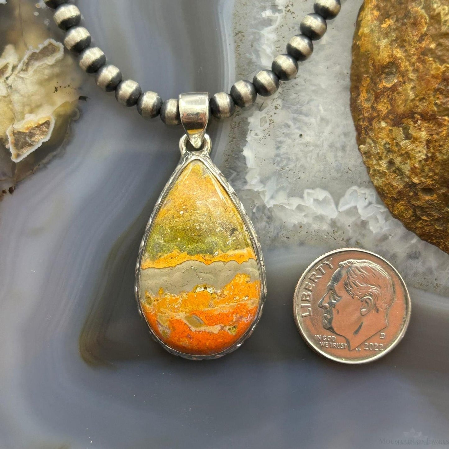 Sterling Southwestern Style Wide Teardrop Bumblebee Jasper Decorated Pendant