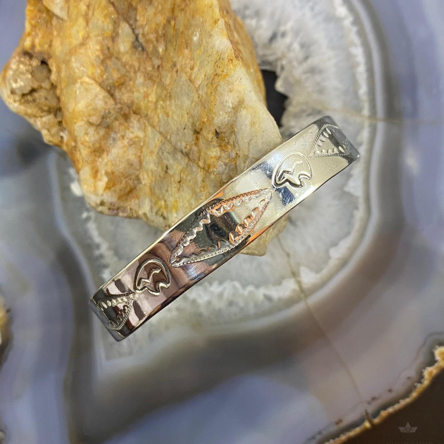 Vintage Native American Sterling Silver Southwestern Motif Stamped Bracelet For Women