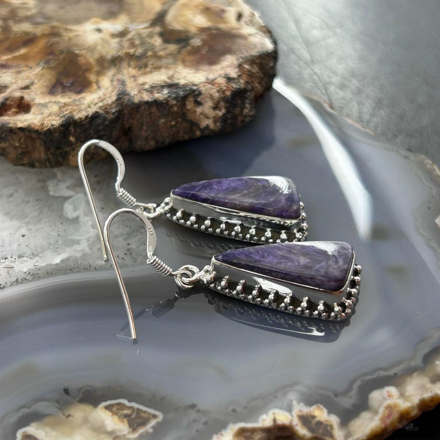 Sterling Silver Southwestern Style Triangle Charoite Dangle Earrings For Women