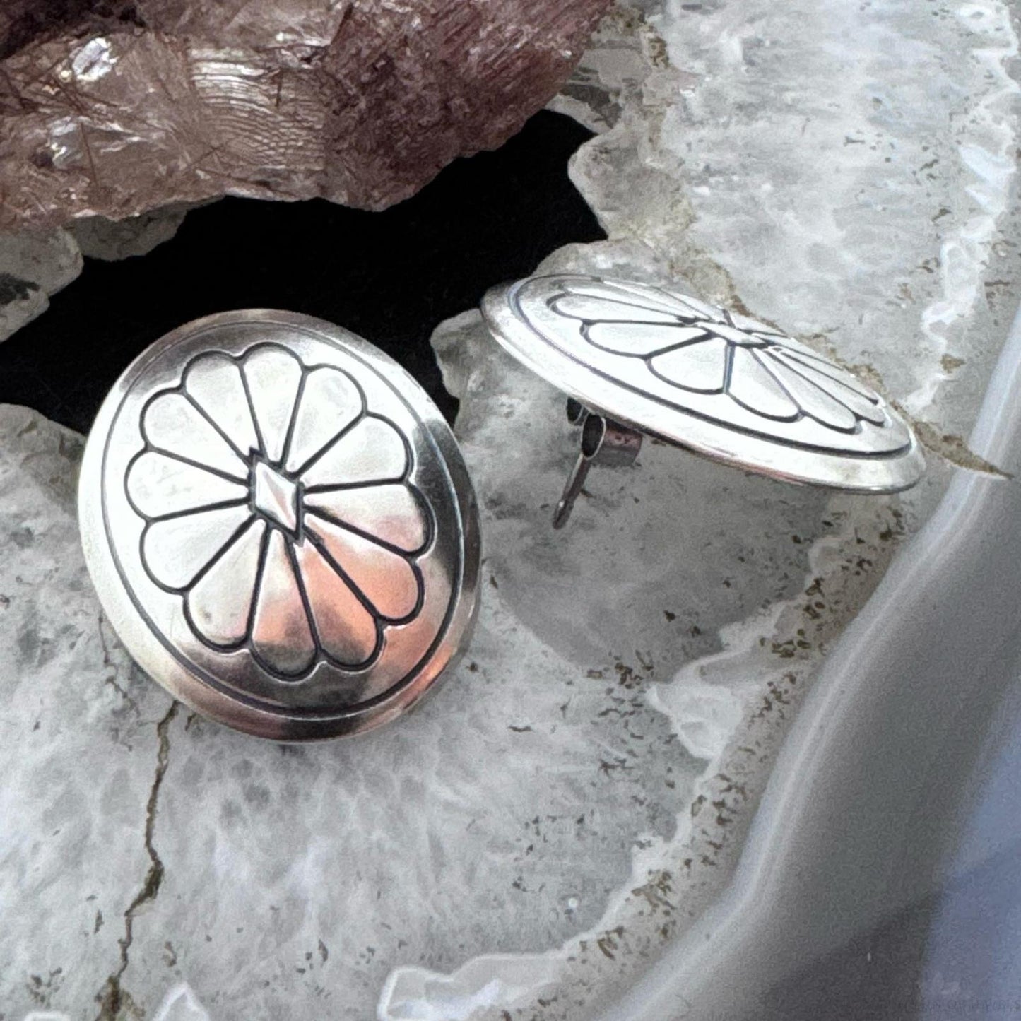 Native American Sterling Silver Round Stamped Oval Concho Stud Earrings For Women