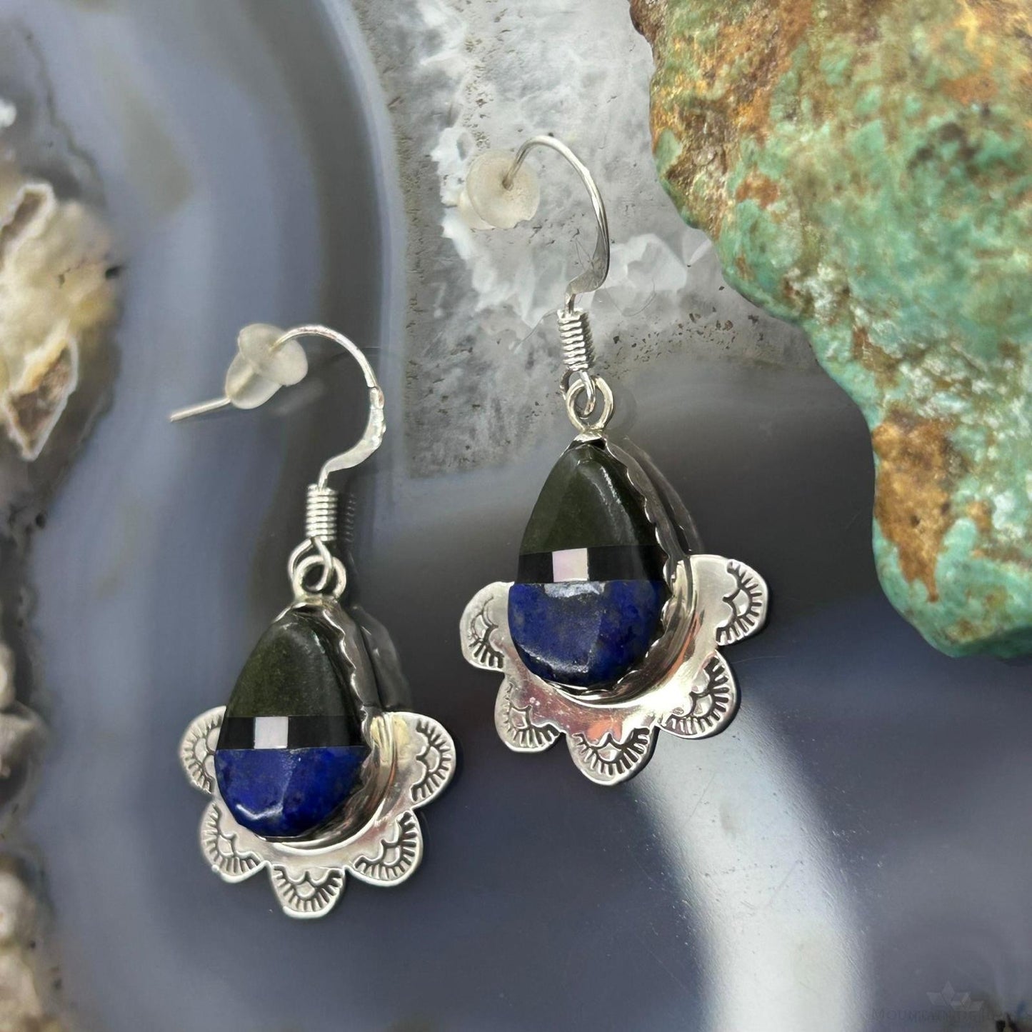 Clifton Aguilar Sterling Silver Teardrop Multistone Inlay Dangle Earrings For Women #1