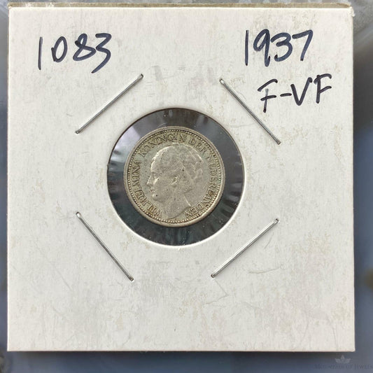 1937 Netherlands Queen Wilhelmina 10 Cents Wreath Collectible Silver Coin #1083