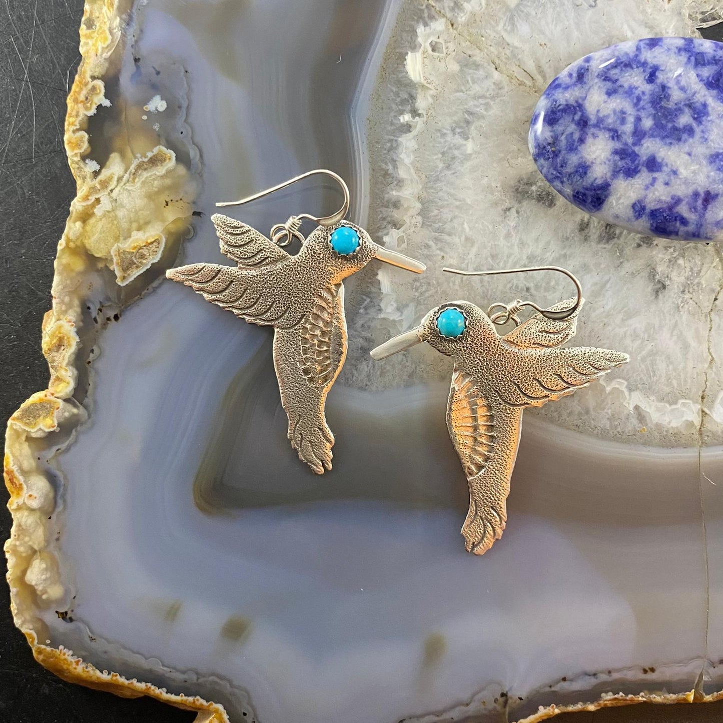Brad Panteah Native American Sterling Turquoise Hummingbird Dangle Earrings