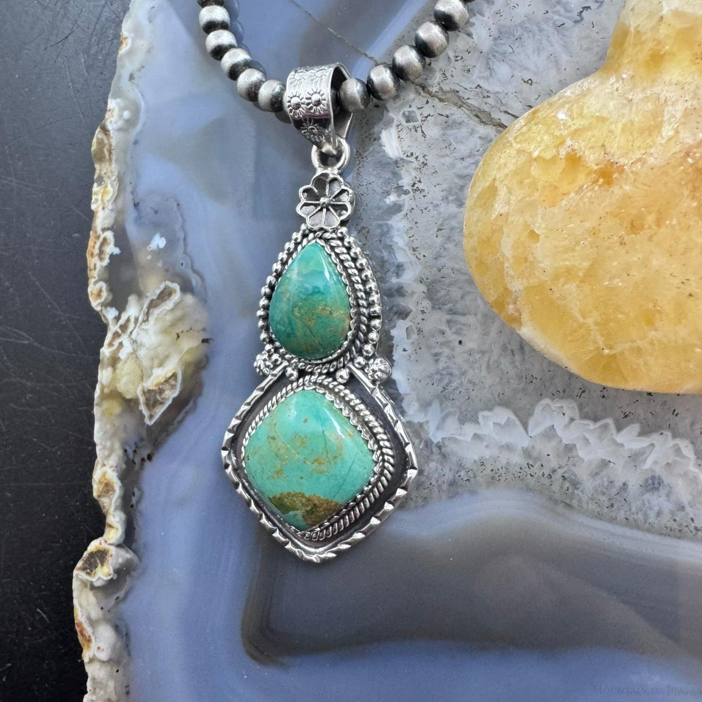 Sterling Silver Southwestern Style 2 Turquoise Decorated Pendant For Women