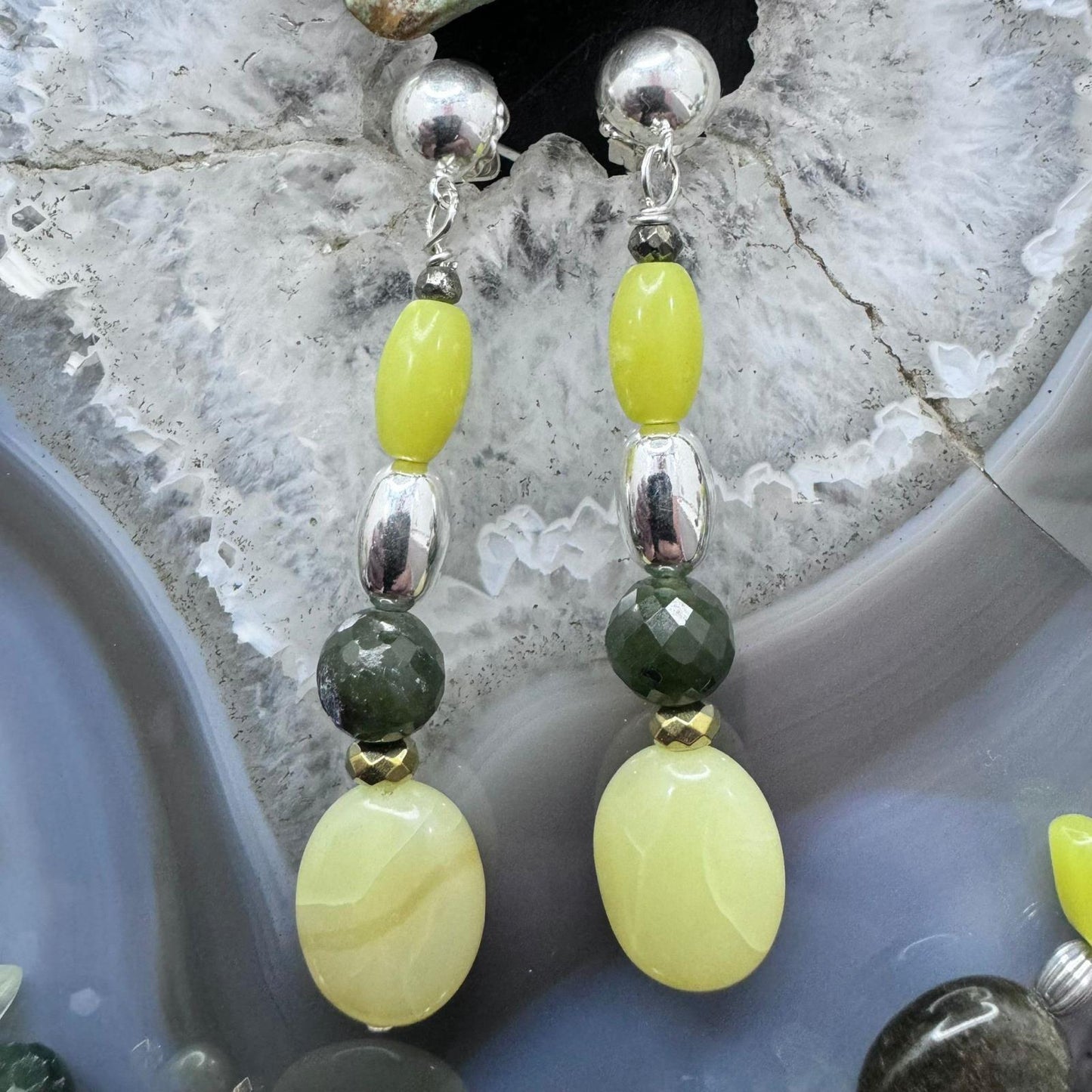 Carolyn Pollack Sterling Silver Serpentine/Prehnite Bead Necklace 17"-20" & Dangle Earrings Set
