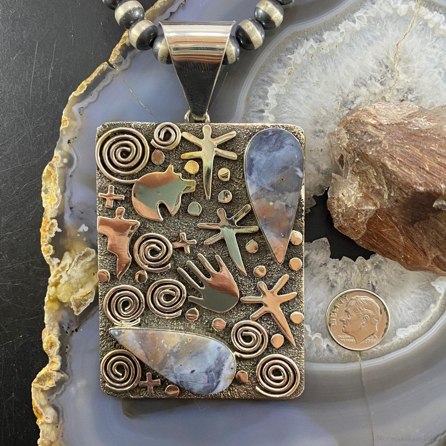 Alex Sanchez Sterling Silver Teardrop Purple Agate Rectangle Petroglyph Pendant