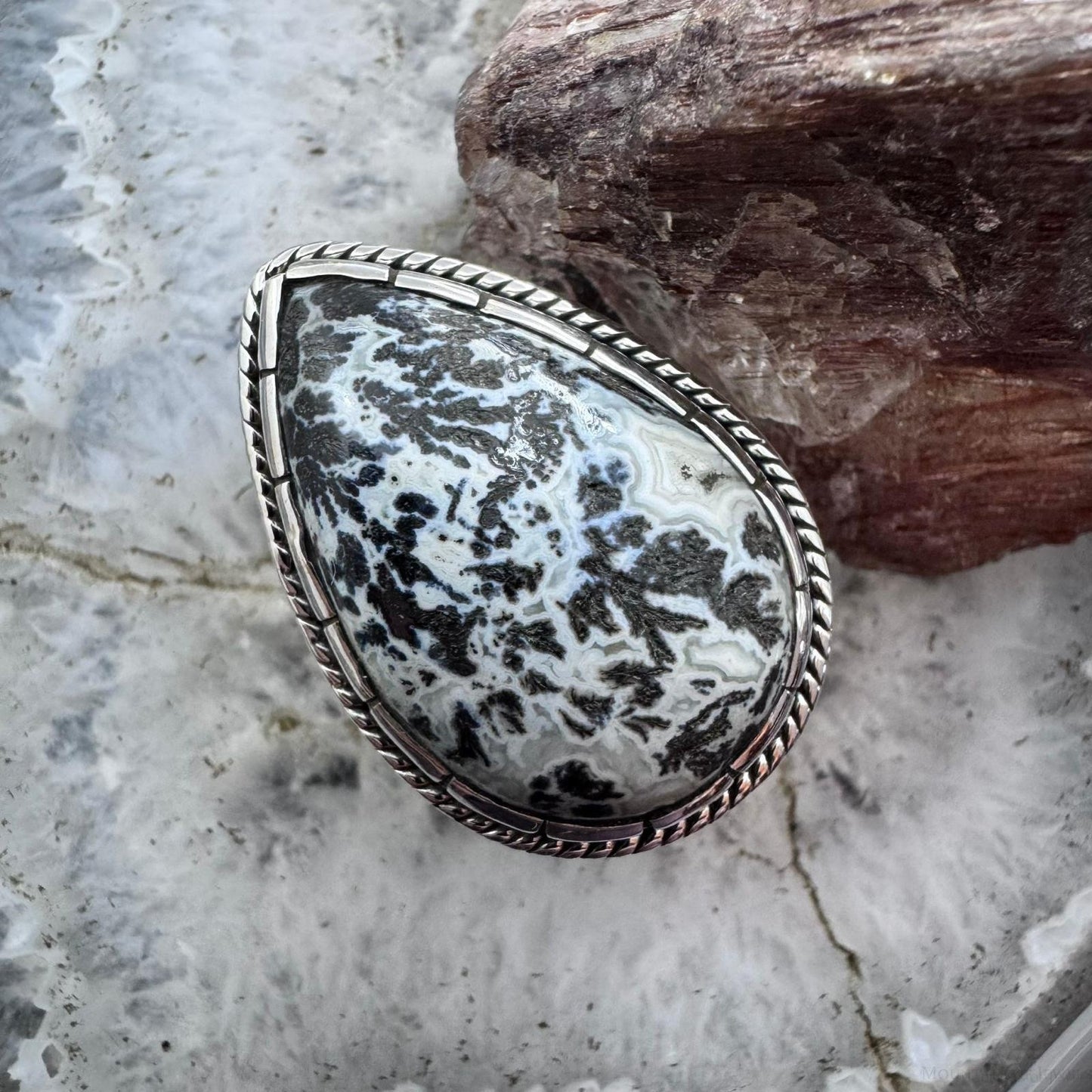 Sterling Silver Southwestern Style Teardrop Parral Dendritic Decorated Ring Size 10 For Women