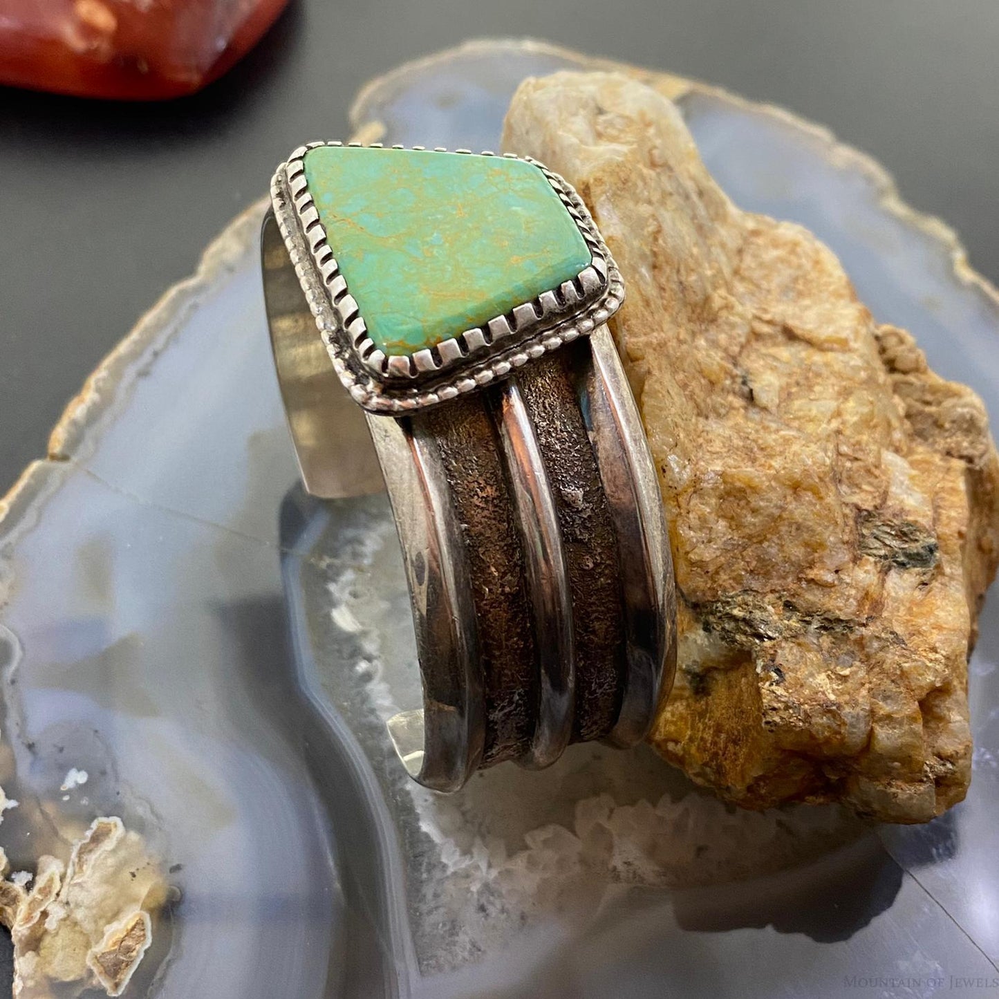 Vintage Native American Silver Trapeze Green Turquoise Solid Unisex Bracelet