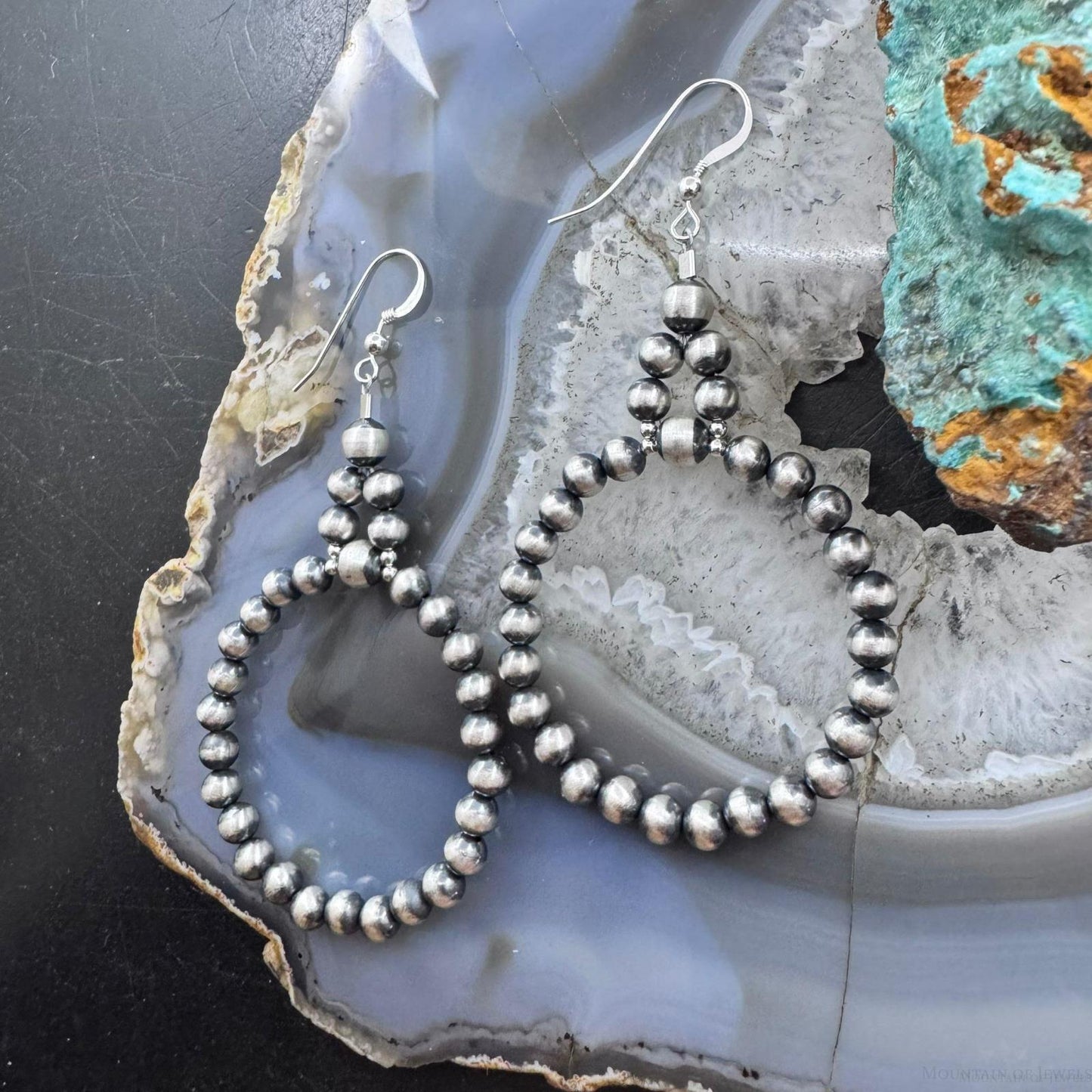 Navajo Pearl Bead 4 mm Sterling Silver Hoop Dangle Earrings For Women