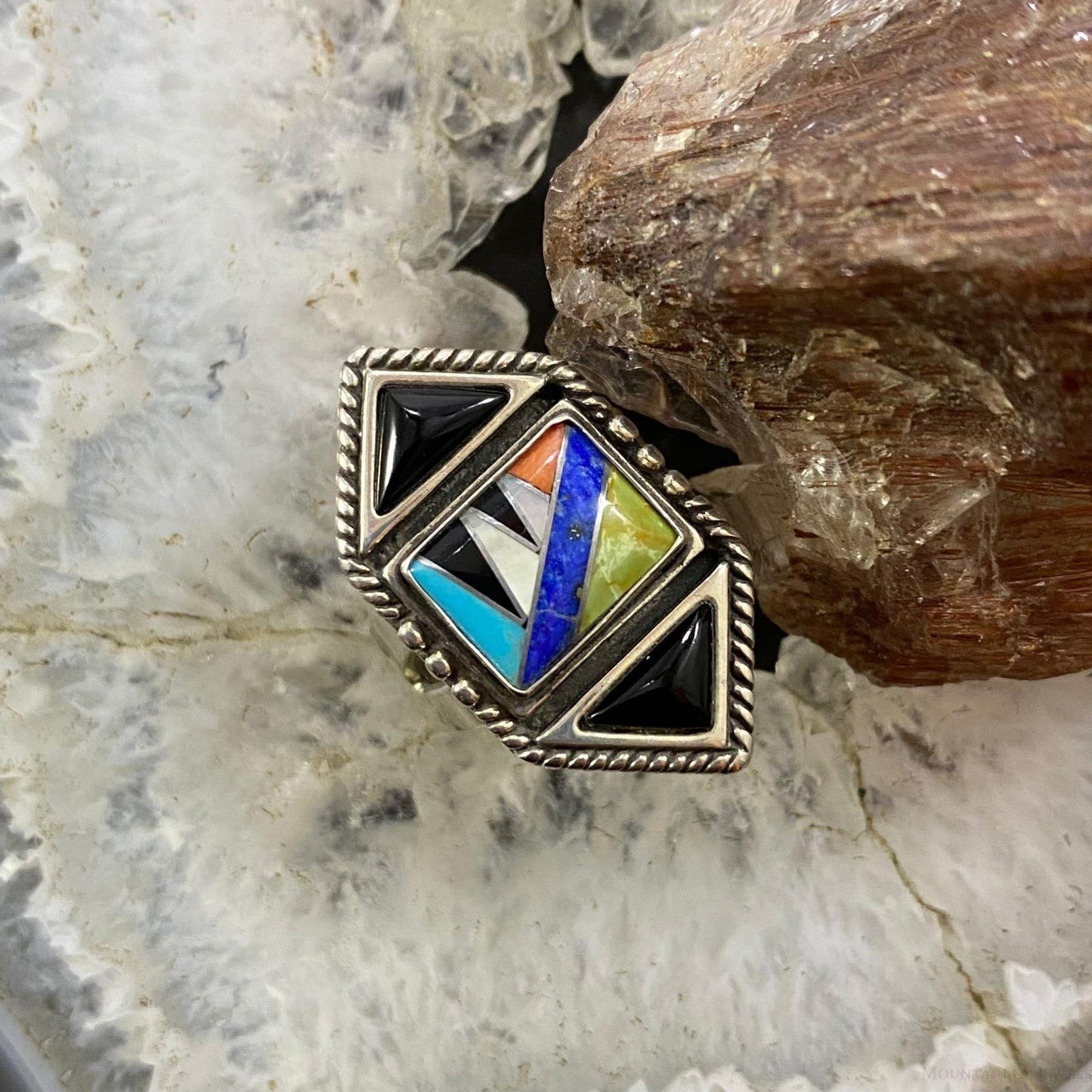 Carolyn Pollack Southwestern Style Sterling Silver Multistone Inlay Decorated Ring For Women