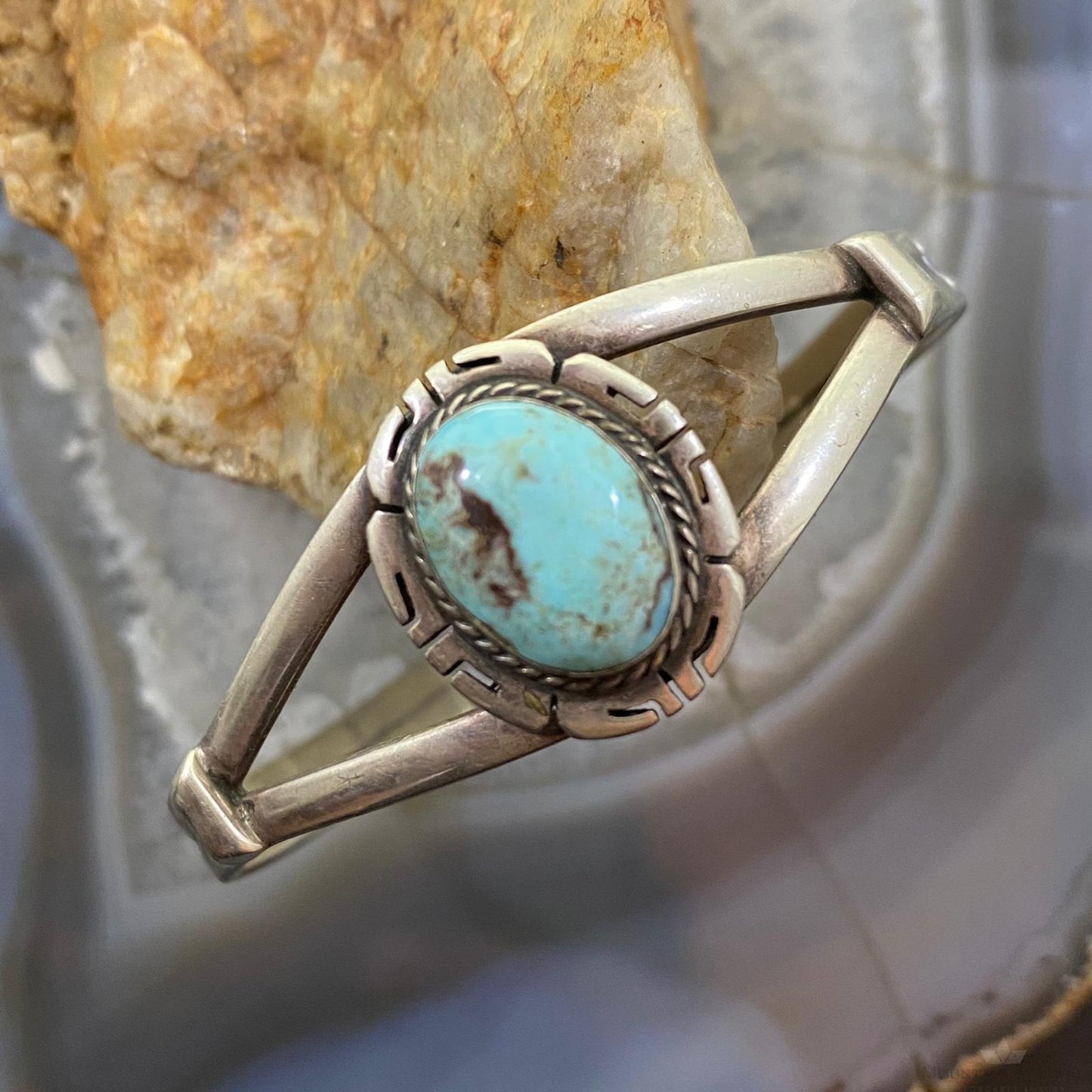 Signed Vintage Native American Sterling Oval Turquoise Split Shank Bracelet