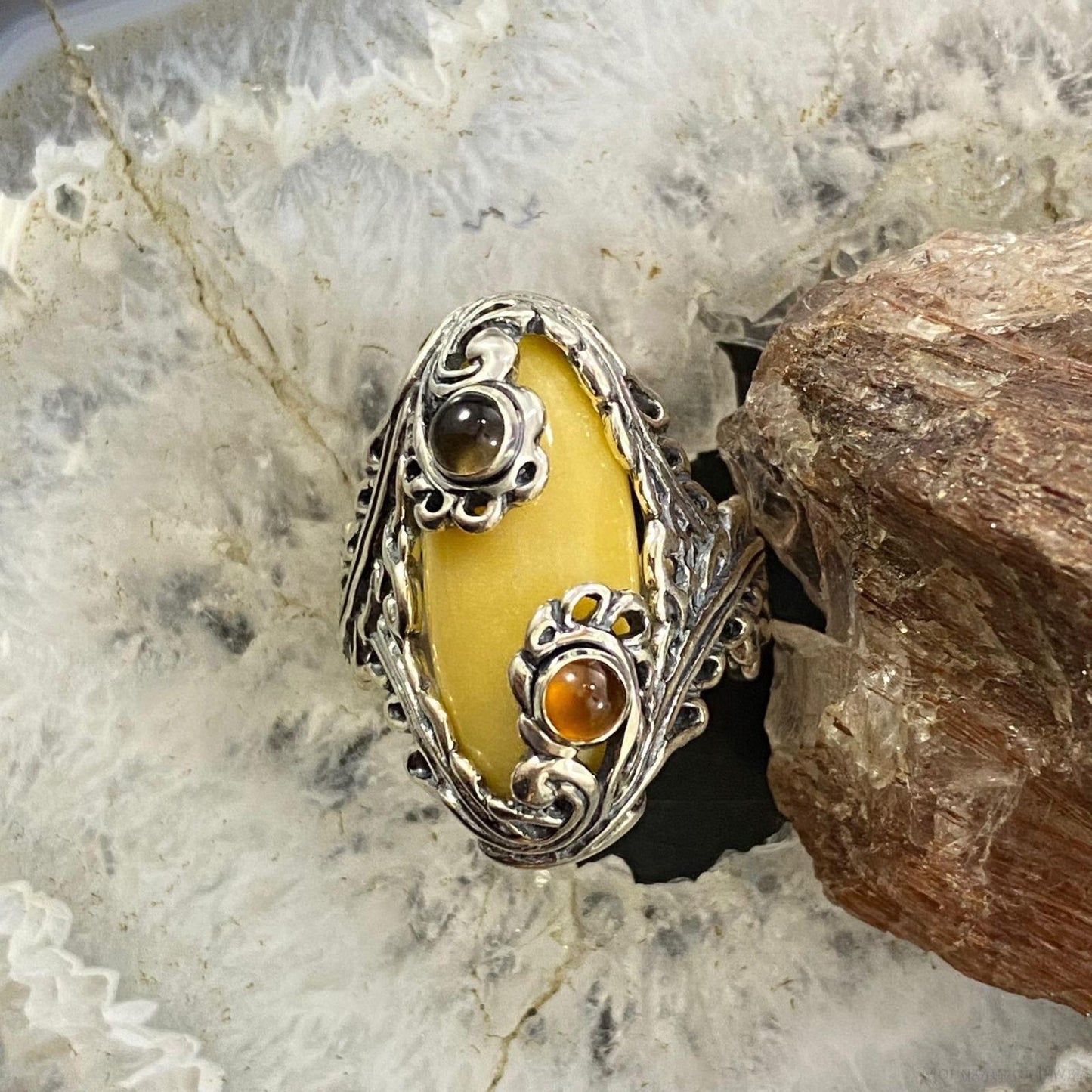 Carolyn Pollack Southwestern Style Sterling Silver Yellow Jasper, Smoky Quartz & Citrine Ring For Women