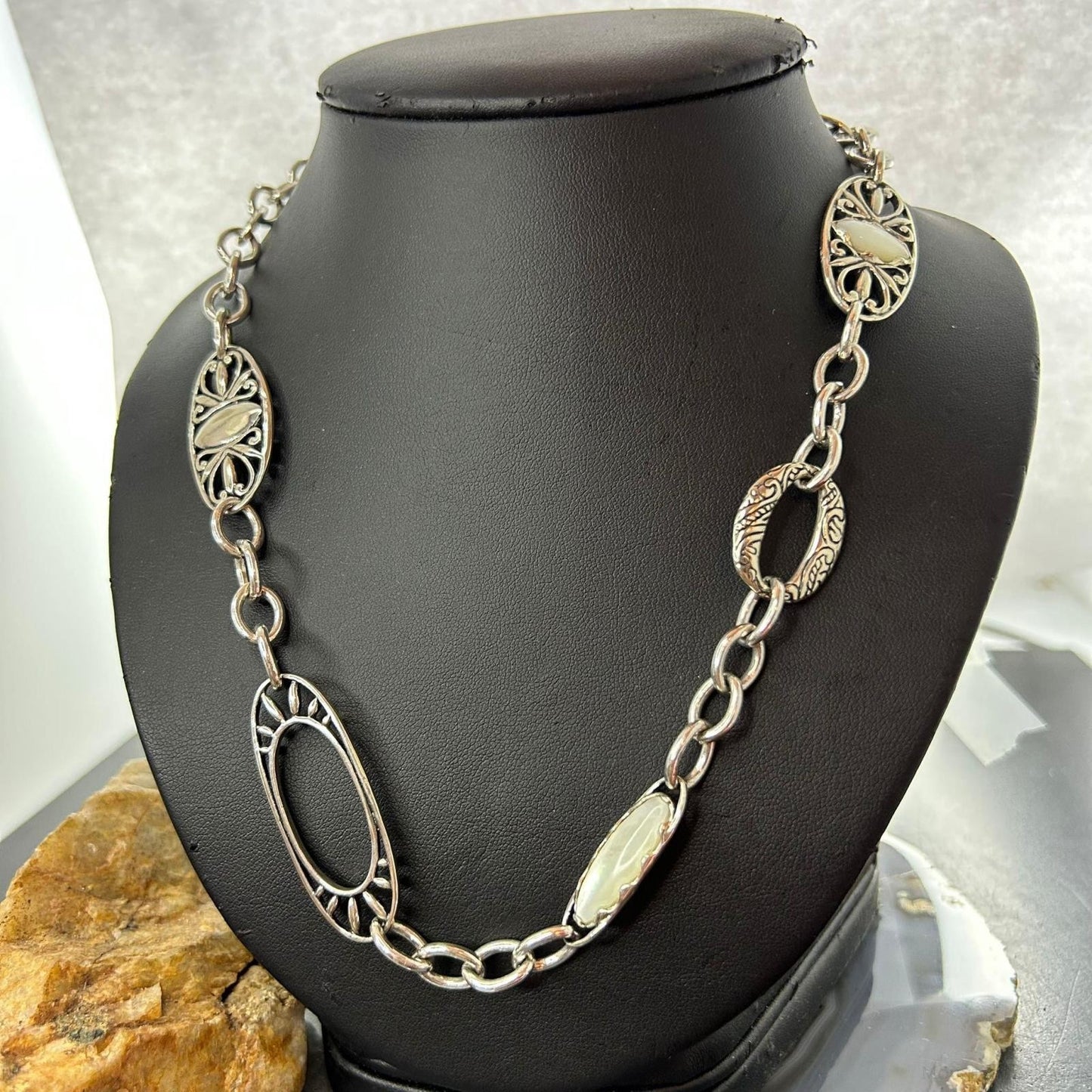Carolyn Pollack Vintage Sterling Mother Of Pearl Chain Link Necklace For Women