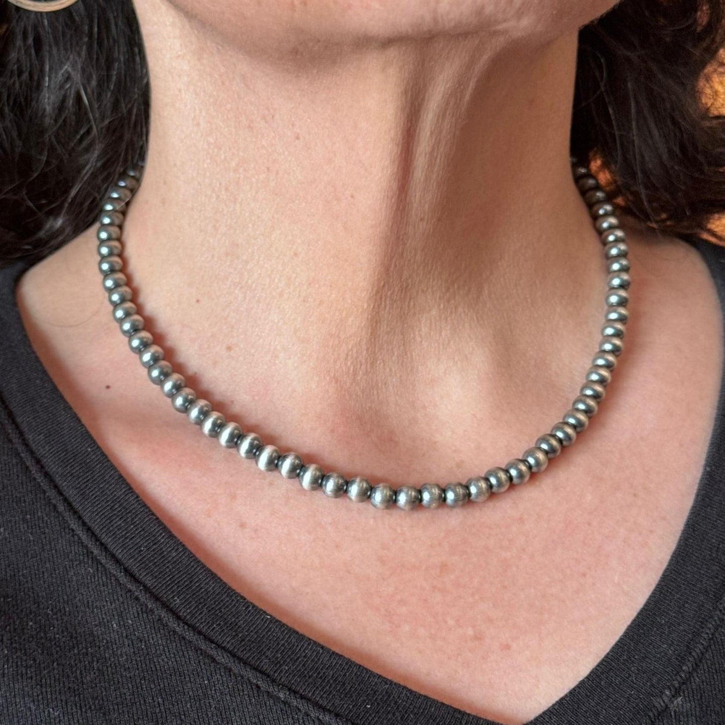 Sterling Silver Southwestern Style 6 mm Navajo Pearl Beads 20"-22" Necklace For Women