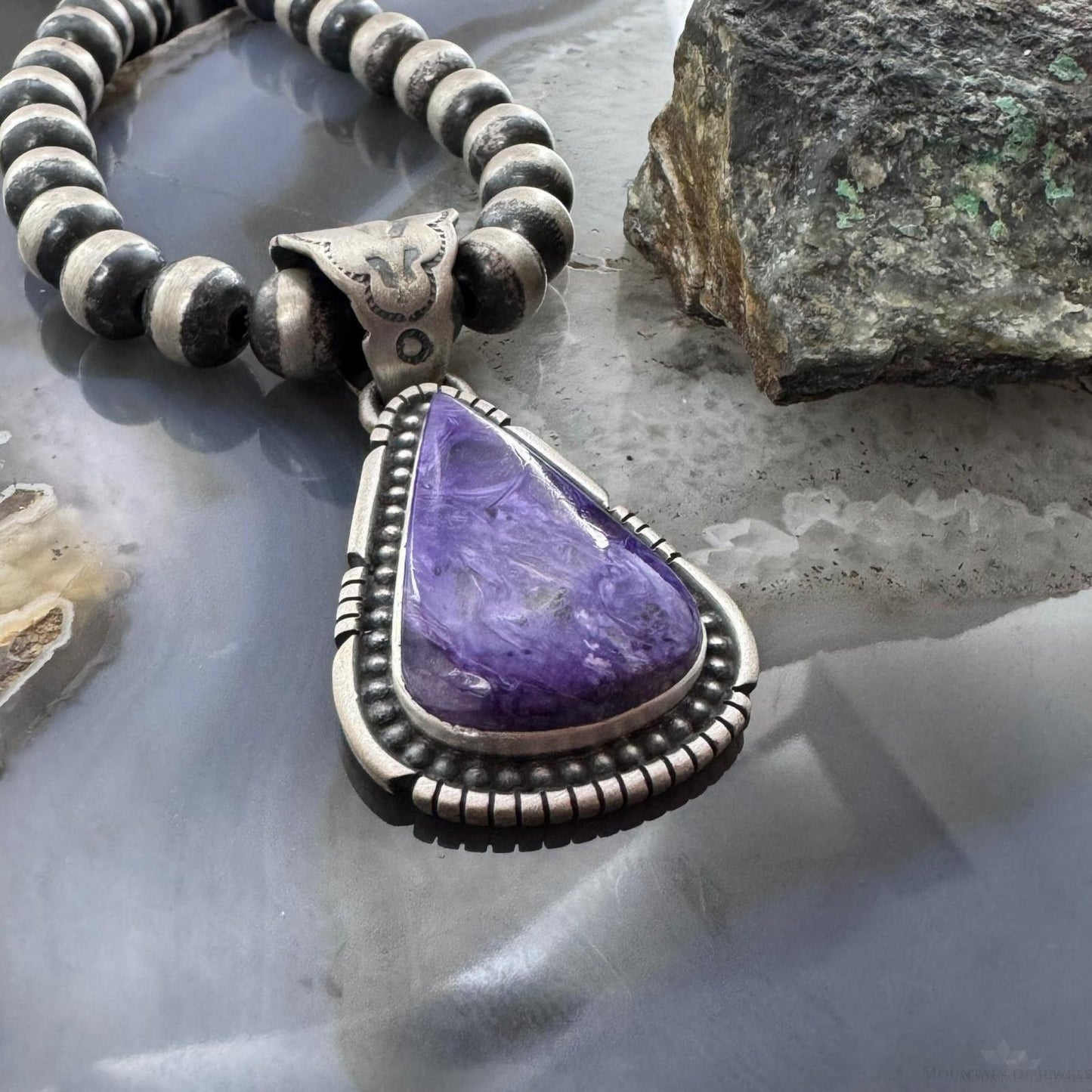Native American Sterling Silver Triangle Charoite Decorated Pendant For Women