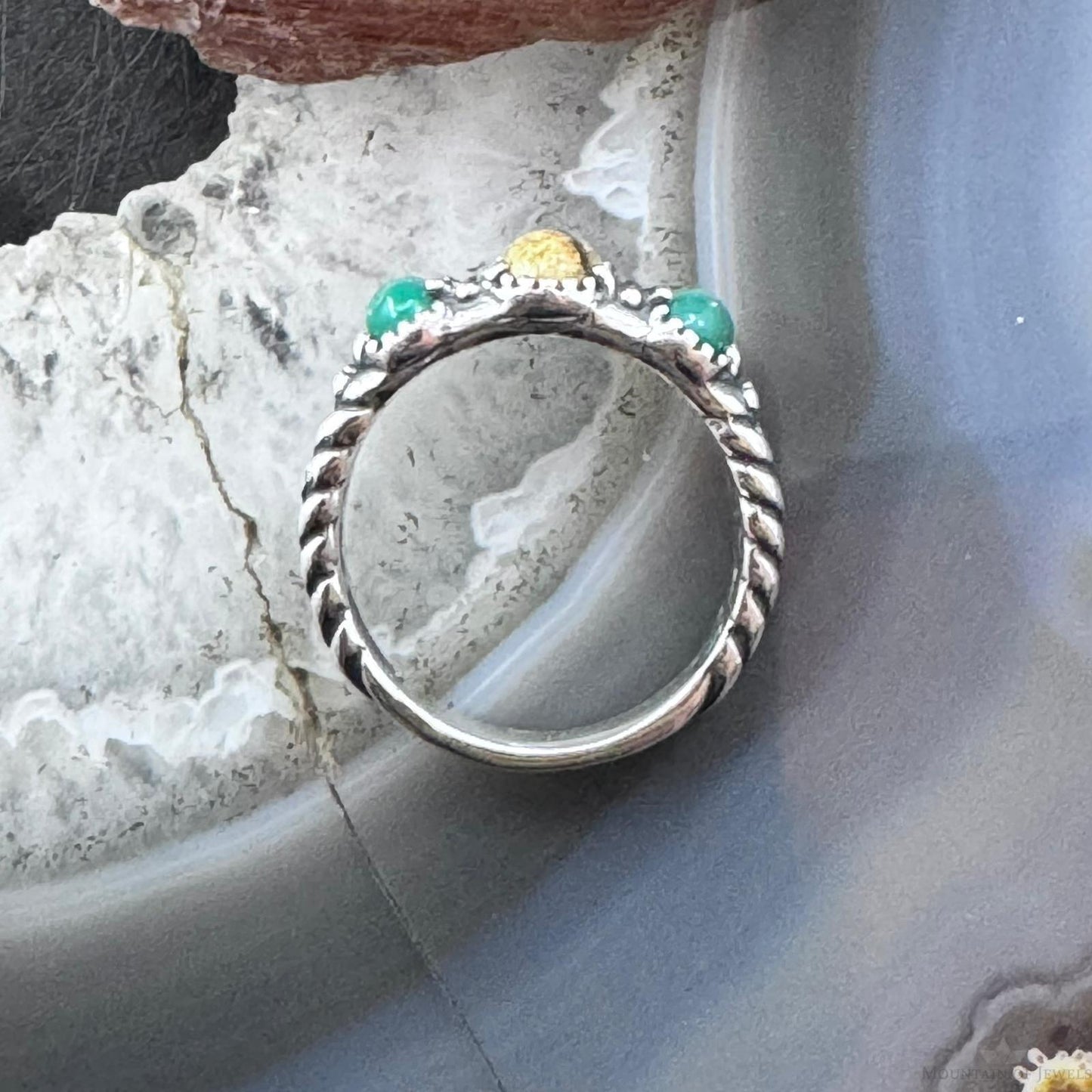 Carolyn Pollack Sterling Silver Oval Picture Jasper & 2 Green Turquoise Ring For Women