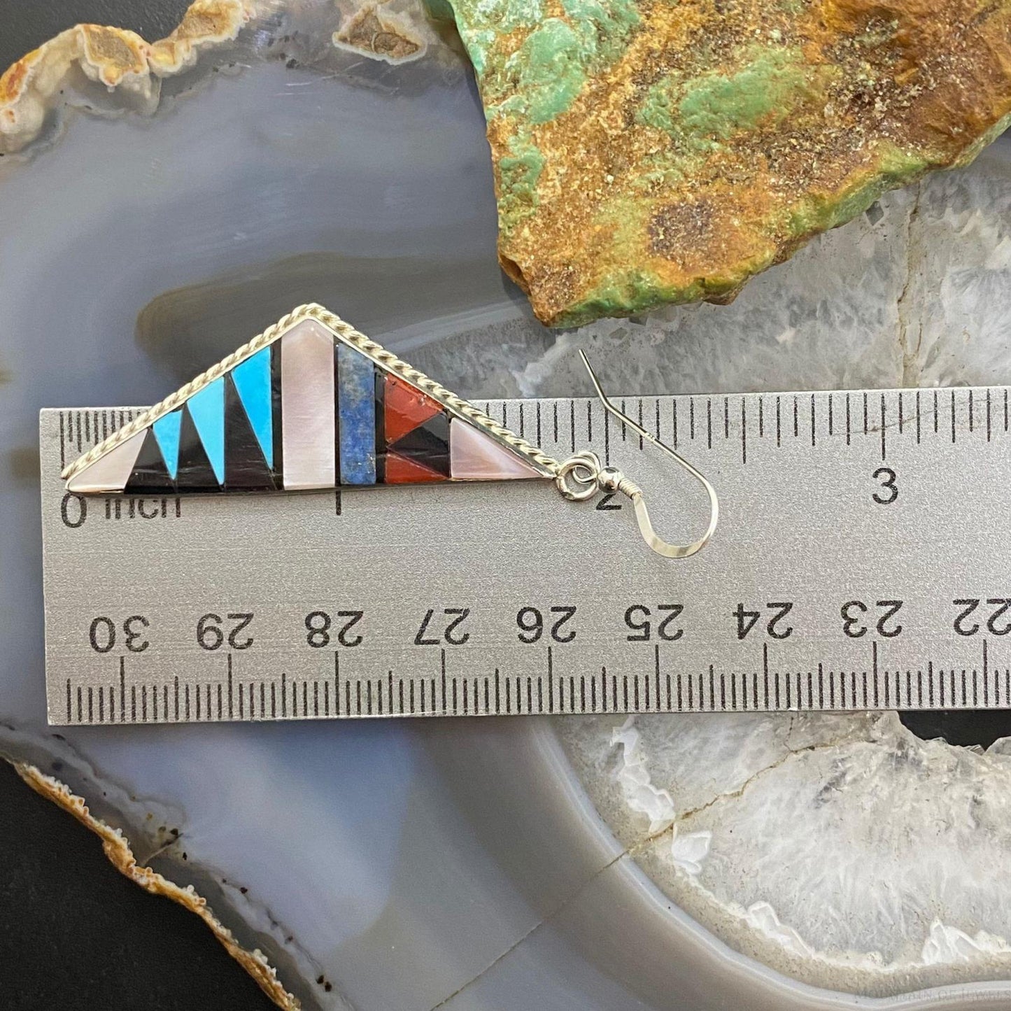 Sheryl Edaakie Zuni Native American Sterling Silver Multi Stone Inlay Earrings 3