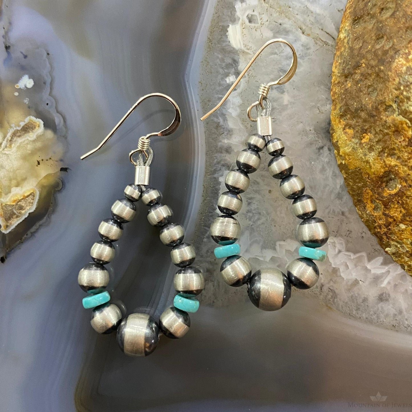 Graduated Navajo Pearl Beads &Turquoise Sterling Hoop Dangle Earrings For Women