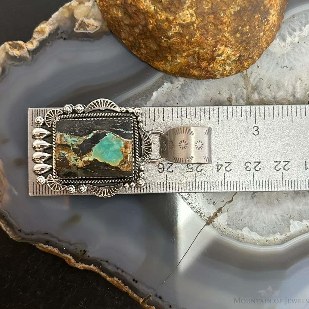 Sterling Silver Southwestern Style Rectangle Blackjack Turquoise Pendant For Women #1
