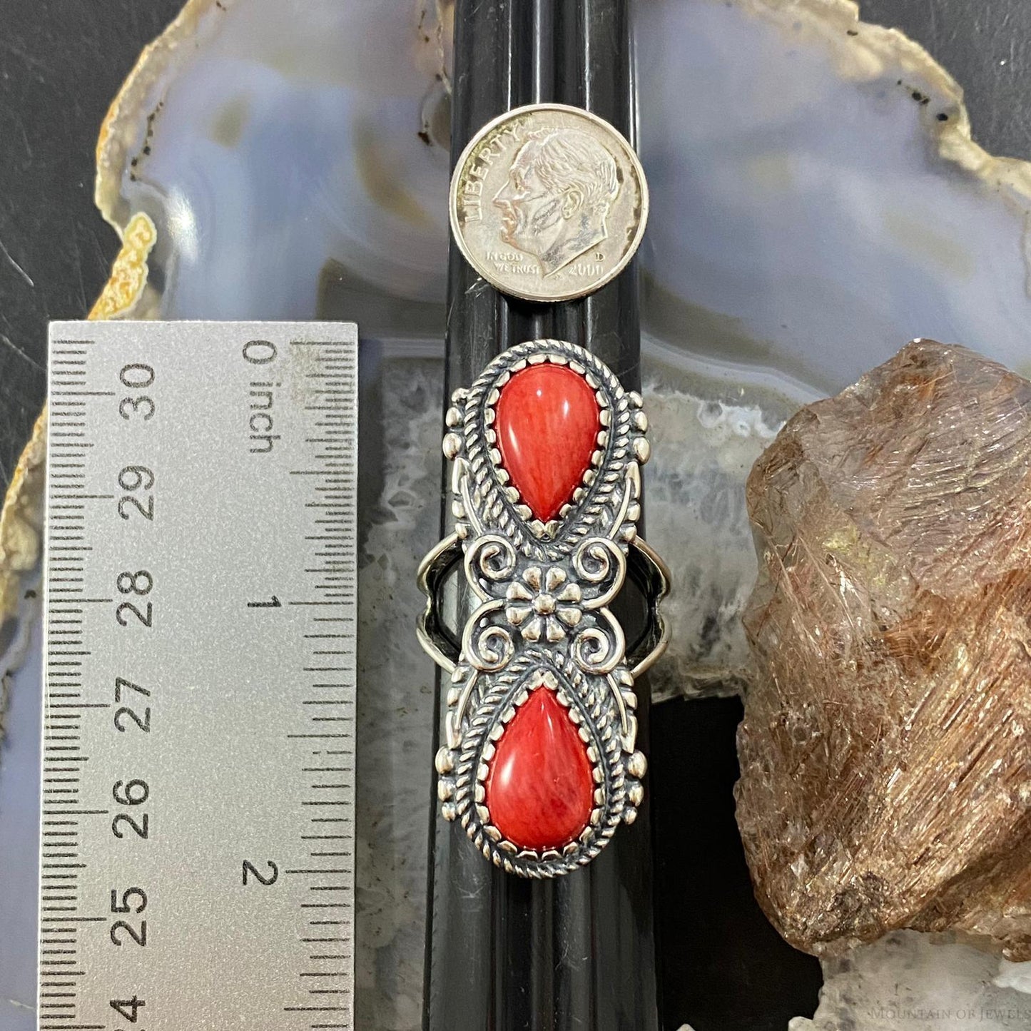 Carolyn Pollack Southwestern Style Sterling Silver 2 Pear Red Jasper Decorated Ring For Women