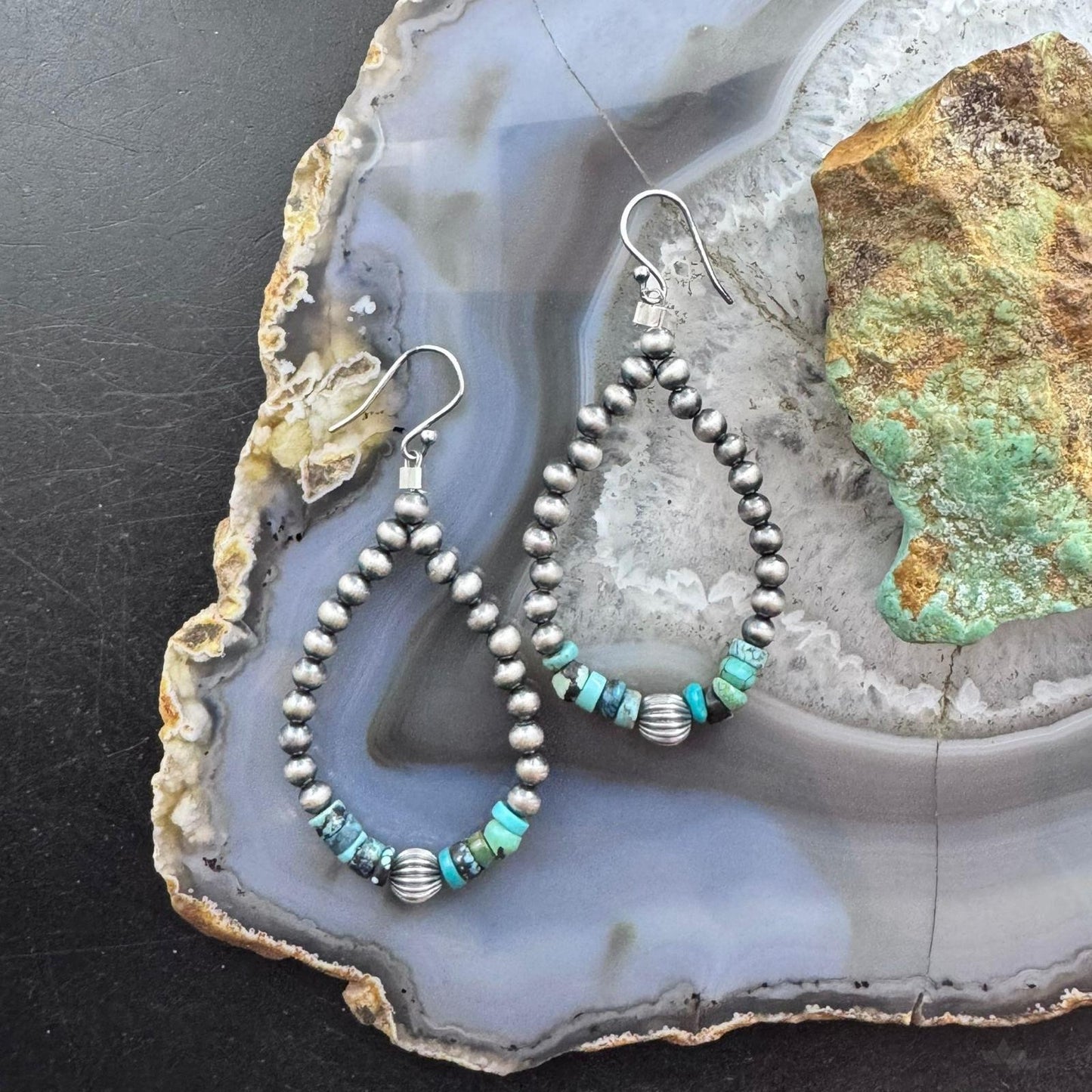Sterling Silver Southwestern Style Navajo Pearl & Turquoise Bead Hoop Earrings For Women