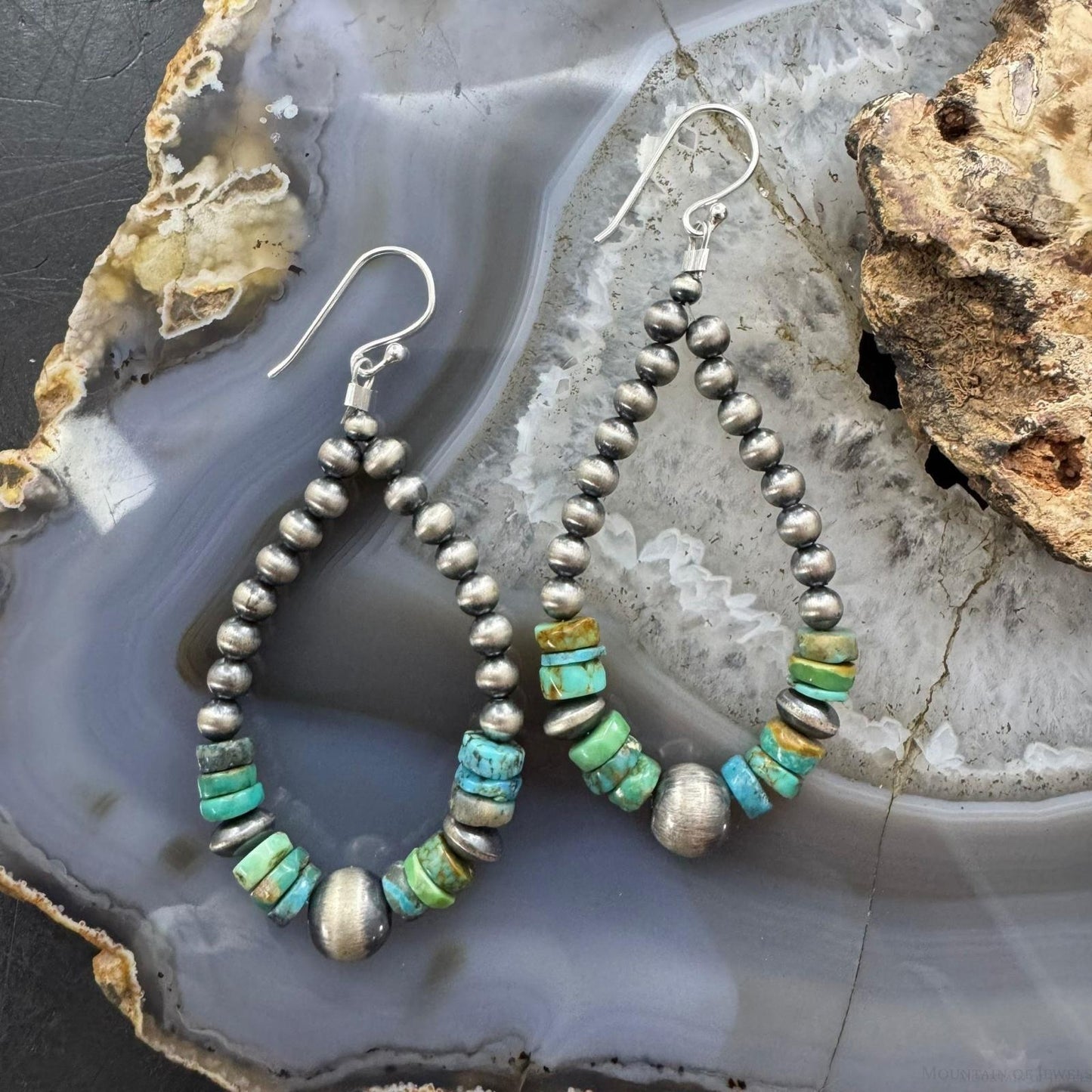 Sterling Silver 4-8mm Navajo Pearl Southwester Style & Turquoise Bead Hoop Earrings For Women