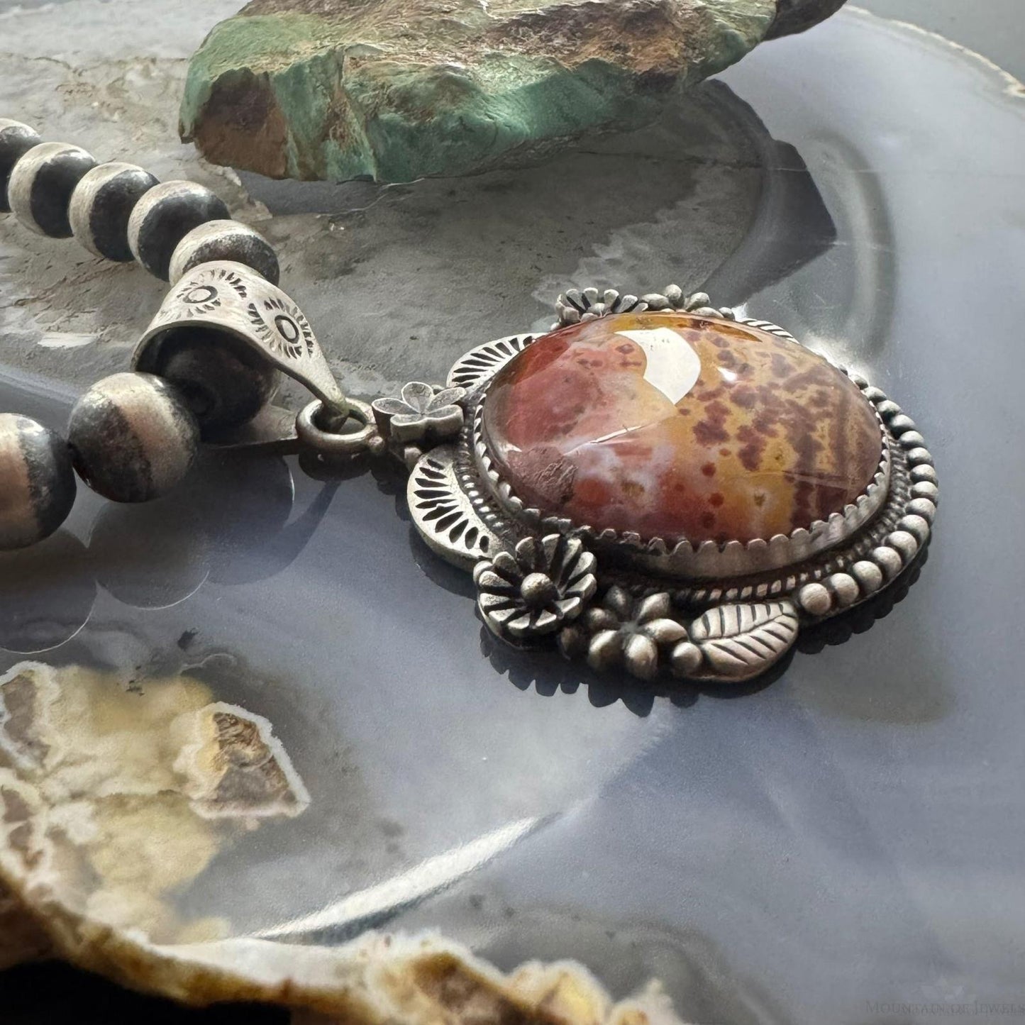 Sterling Silver Southwestern Style Round River Jasper Decorated Pendant For Women
