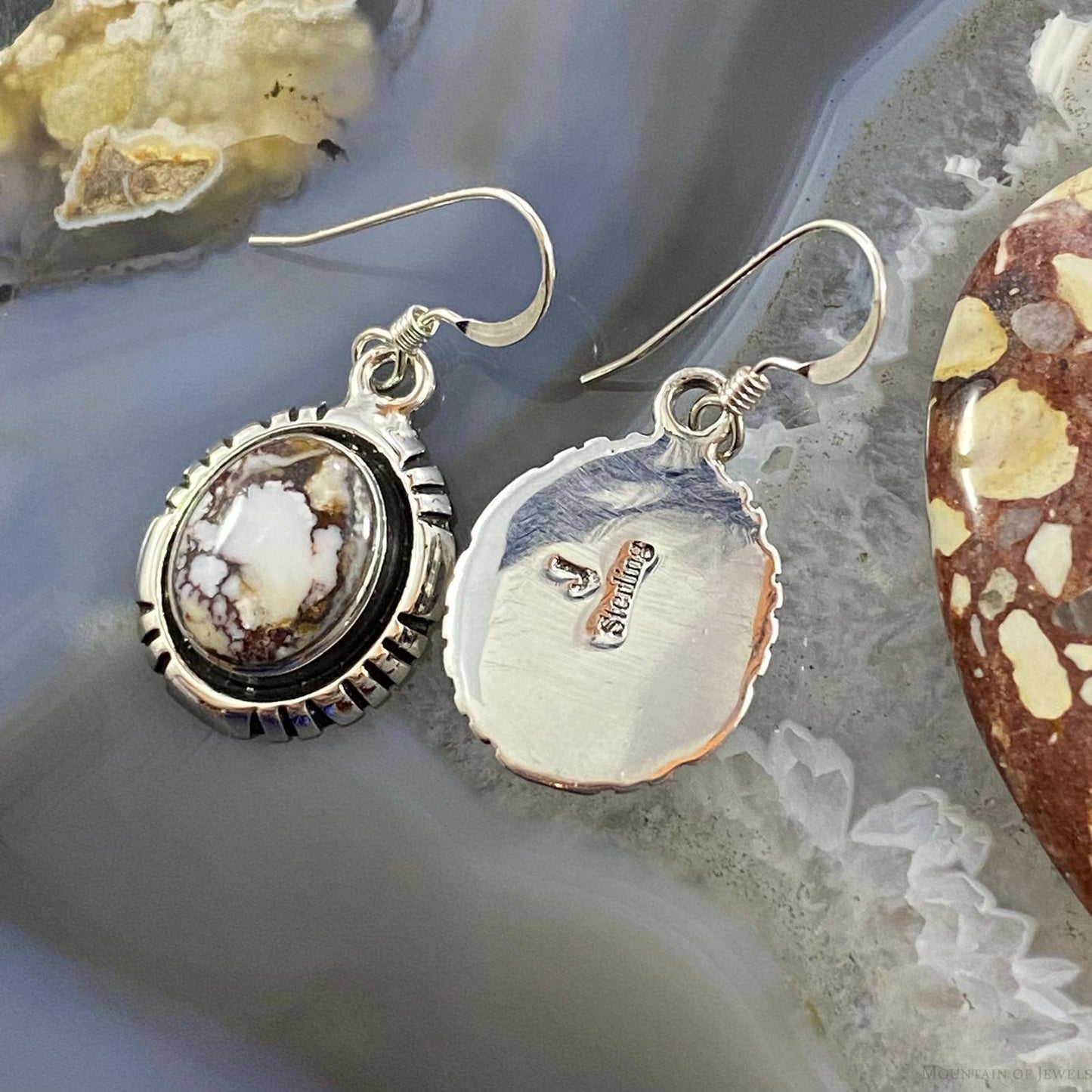 Native American Sterling Silver Oval Wild Horse Dangle Earrings For Women #1