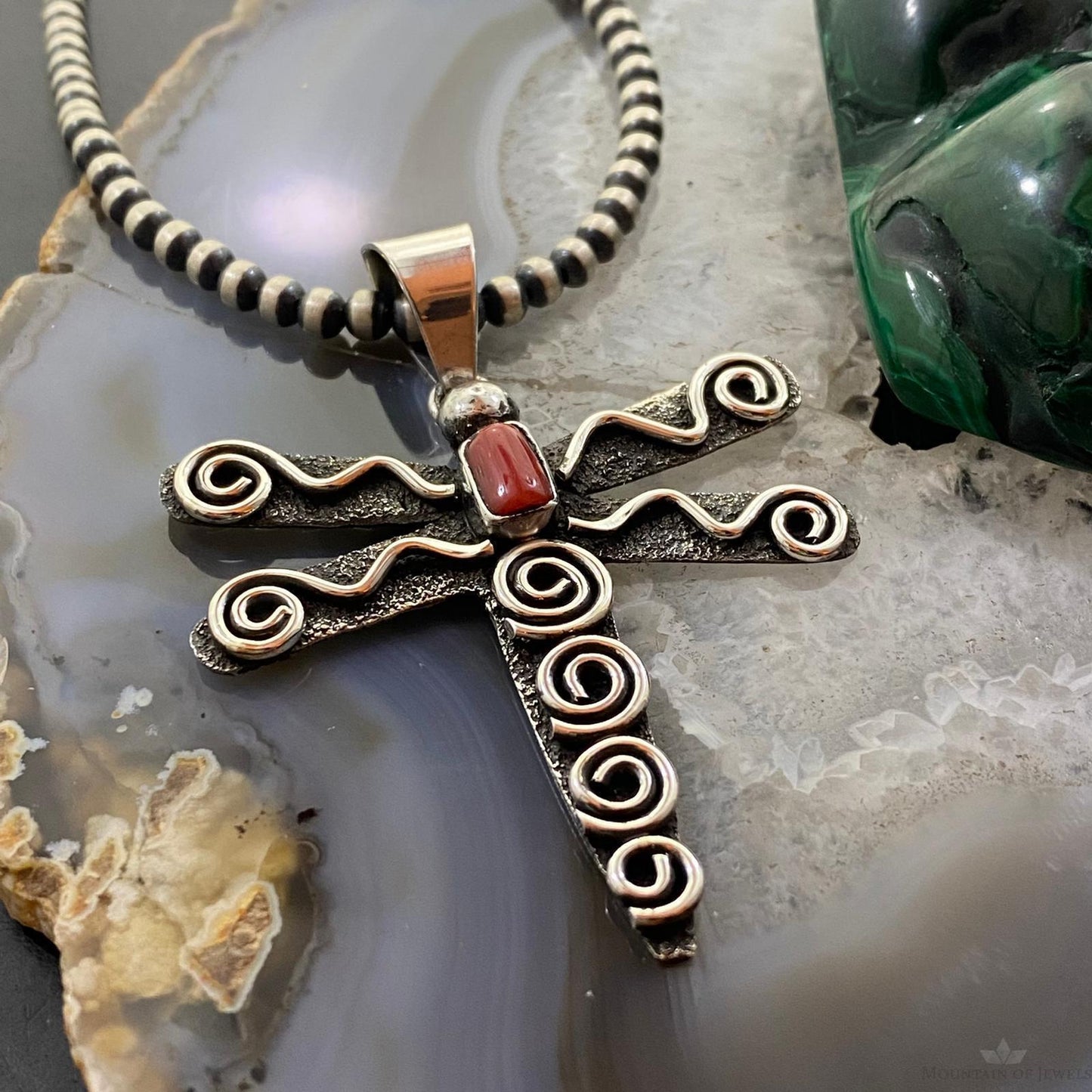 Alex Sanchez Sterling Silver Petroglyph & Coral Dragonfly Unisex Pendant #4
