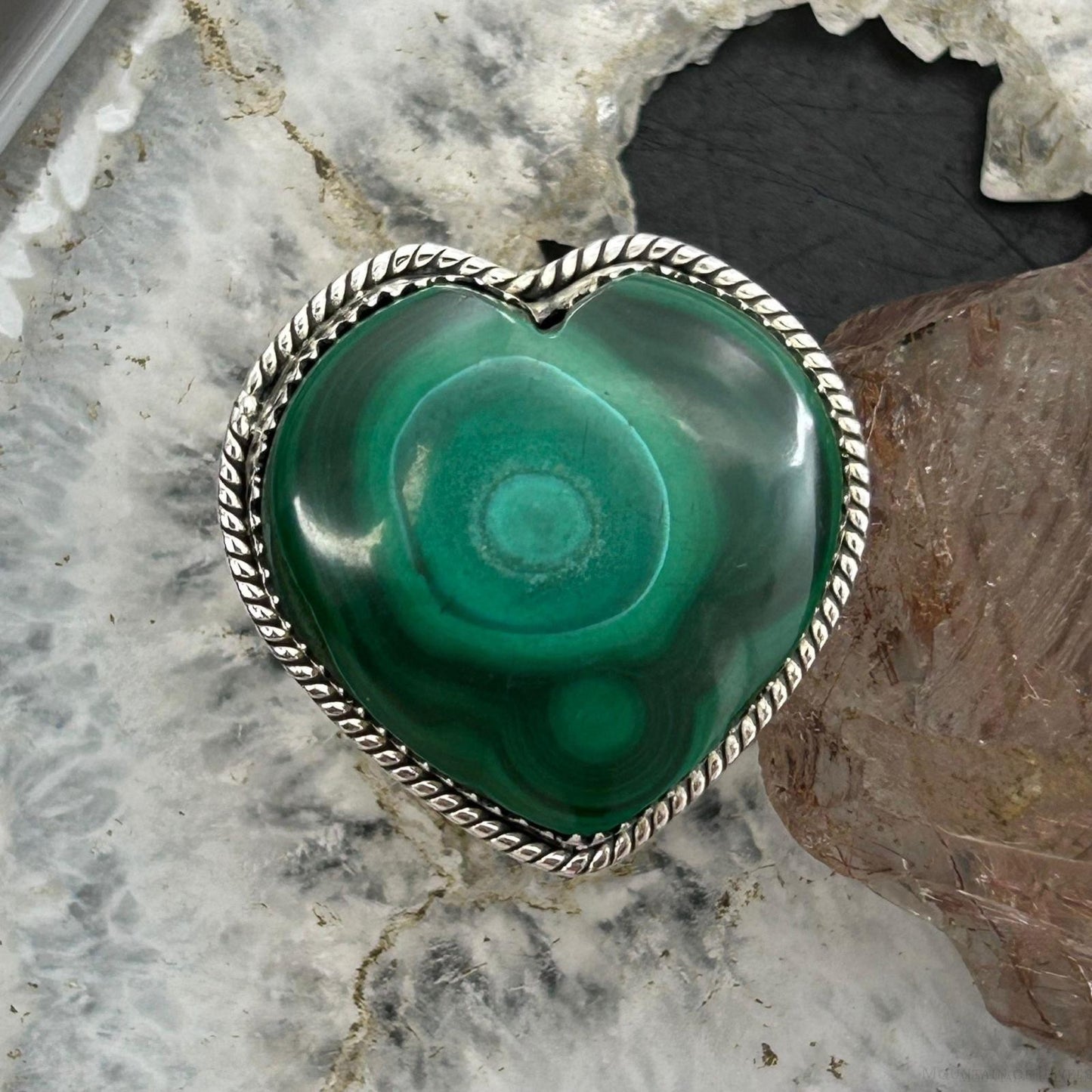 Sterling Silver Southwestern Style Malachite Heart Shape Ring Size 9 For Women