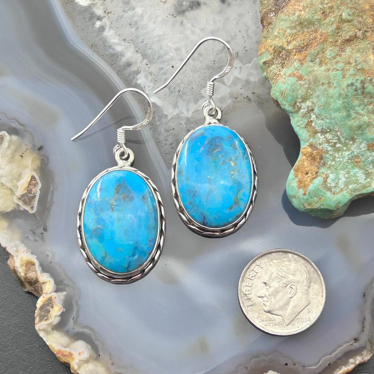 Sterling Southwestern Style Oval Mojave Turquoise Dangle Earrings For Women #1