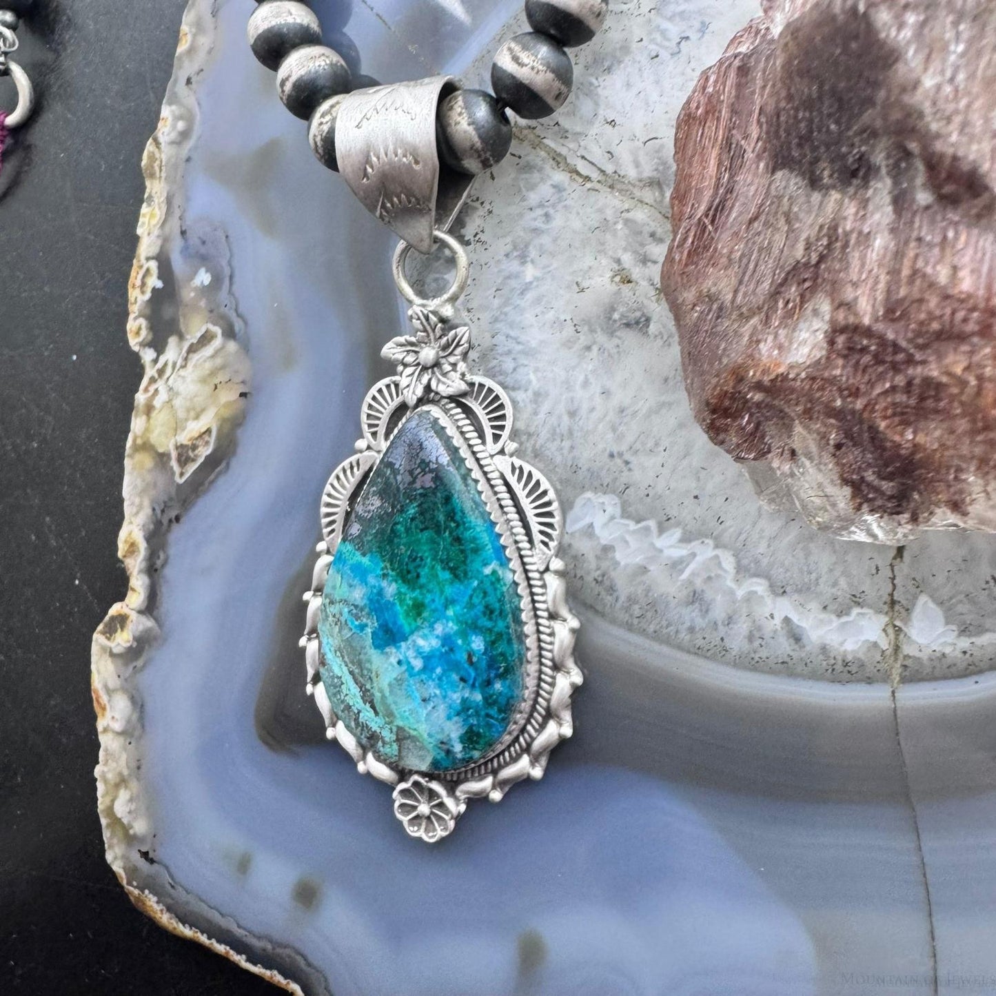Sterling Silver Southwestern Style Elongated Teardrop Shattuckite Decorated Pendant For Women
